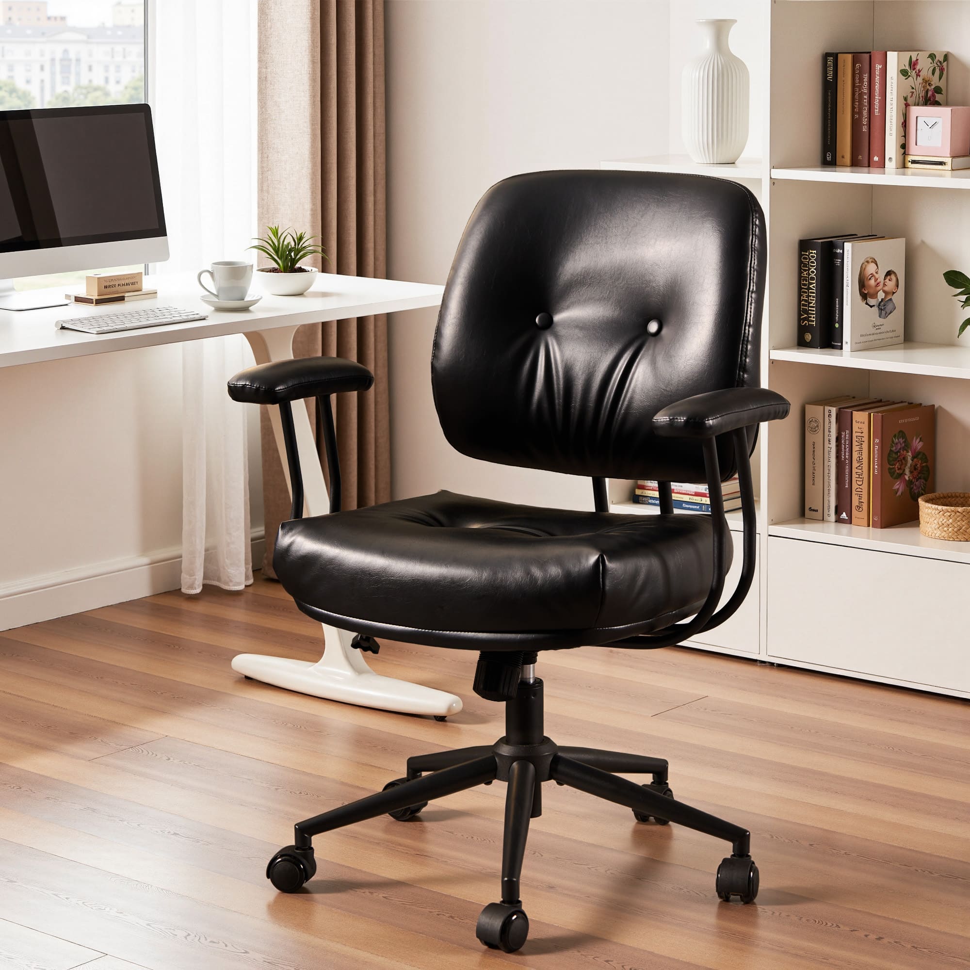 Ovios - Executive Office Chair, 300lbs Capacity, Mid Back PU Leather Chair, Ergonomic Computer Chair - Black