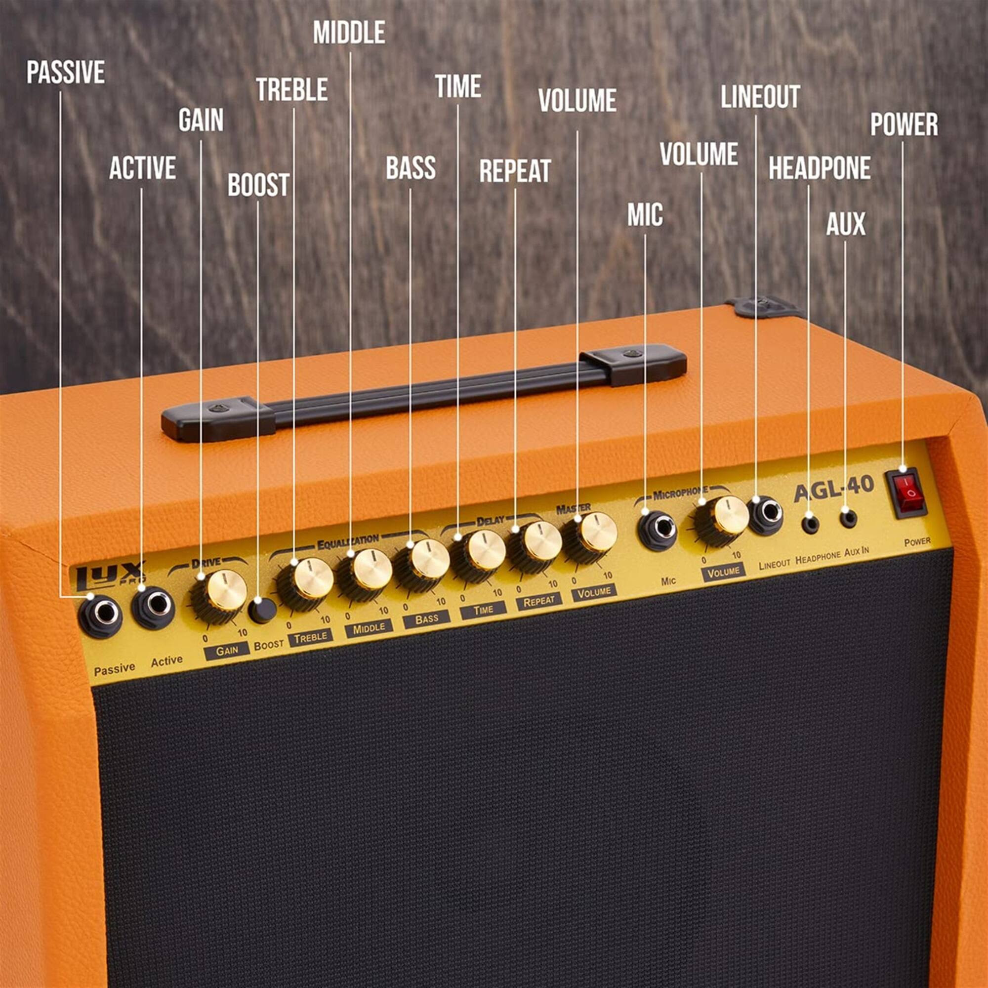 MIDDLE PASSIVE TREBLE TIME LINEOUT VOLUME GAIN POWER VOLUME ACTIVE BASS REPEAT HEADPONE BOOST MIC AUX

Active Passive EQUALI CAMON RIVE I I 10 1 D
MIODLE 50 TREBLE e GAIN BOOST I 13 D BASS MAS ER DELAY 1 I 18 1 D 10 1 VOLUME : REPEAT TIME MICROPHP AGL-40 1 PORER 18 HEADPHONE AuxIv : LINEOUT VOLUME Mic