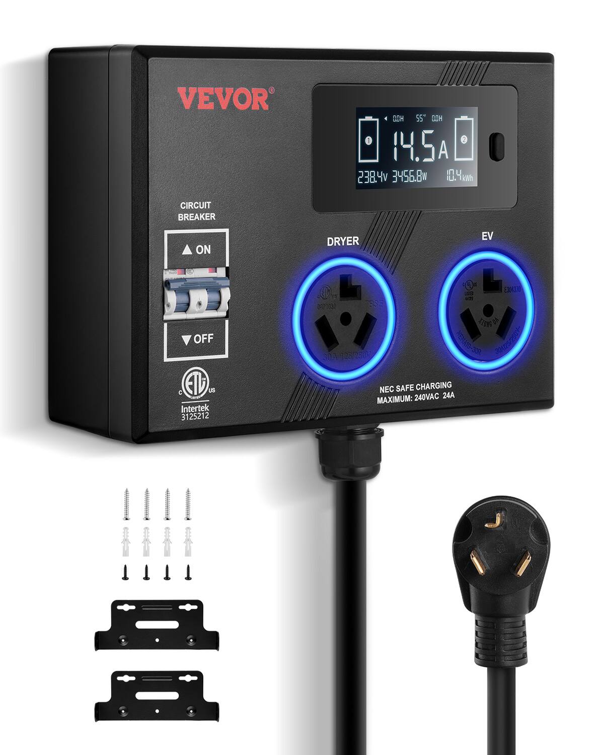 VEVOR
CIRCUIT BREAKER
ON
OFF
DRYER
EV
NEC SAFE CHARGING
MAXIMUM: 240VAC 24A
238.4V 3456.8W 10.4kWh
Intertek 3125212
EXKIN
0477132
MEMA-30R
NEC SAFE CHARGING
MAXIMUM: 240VAC 24A