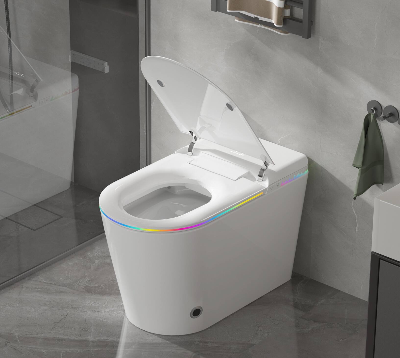 Angle. Vipbear - Smart Toilet with Bidet Built-in,One Piece Toilet with Foam Shield,Auto Open/Close Lid,Heated Seat - White.