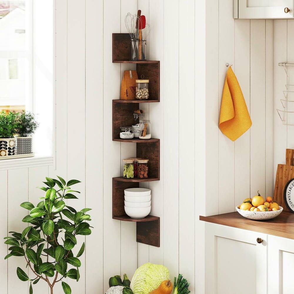 Back. Kadyn - 5-Tier Corner Shelf - Wall-Mounted Floating Bookshelf, Storage Organizer, Rustic Brown - Brown.