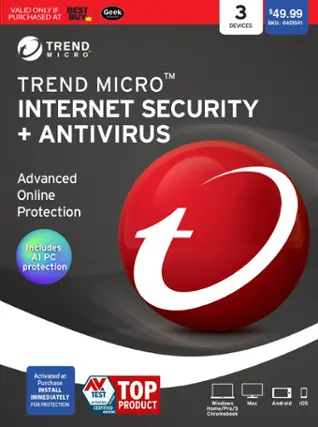 Trend Micro TM Internet Security + Antivirus Advanced Online Protection Includes AI PC O Activated at Purchase N INSTALL TOP IMMEDIATELY TEST FOR PROTECTION av-test.org 04/2020 PRODUCT Windows Mc Android iOS CERTIFIED Home/Pro/S WINDOWS Chromebook