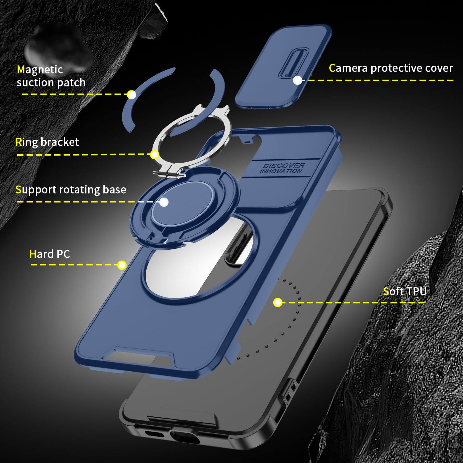 Magnetic suction patch  
Camera protective cover  
Ring bracket  
Support rotating base  
Hard PC  
Soft TPU
