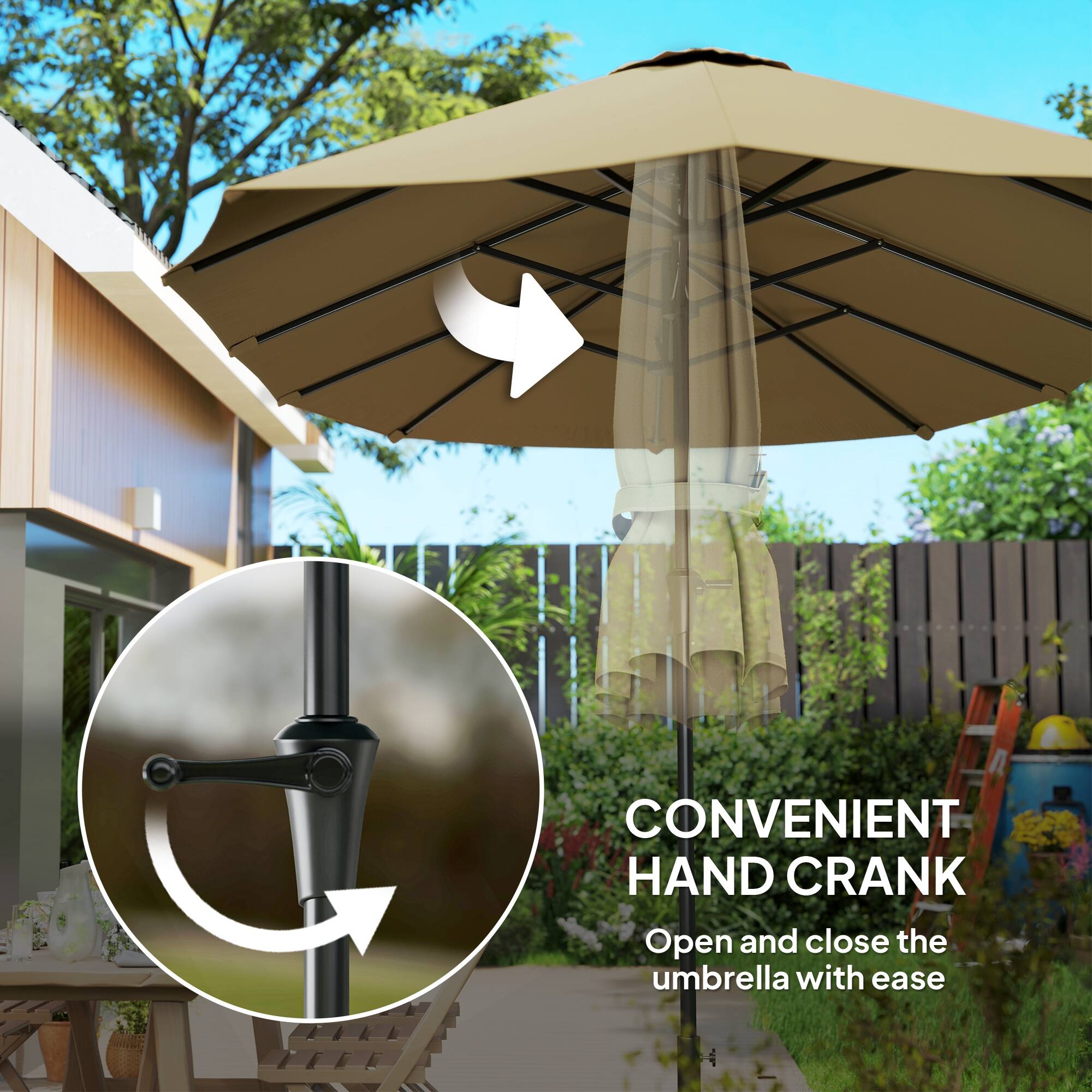 CONVENIENT HAND CRANK
Open and close the umbrella with ease