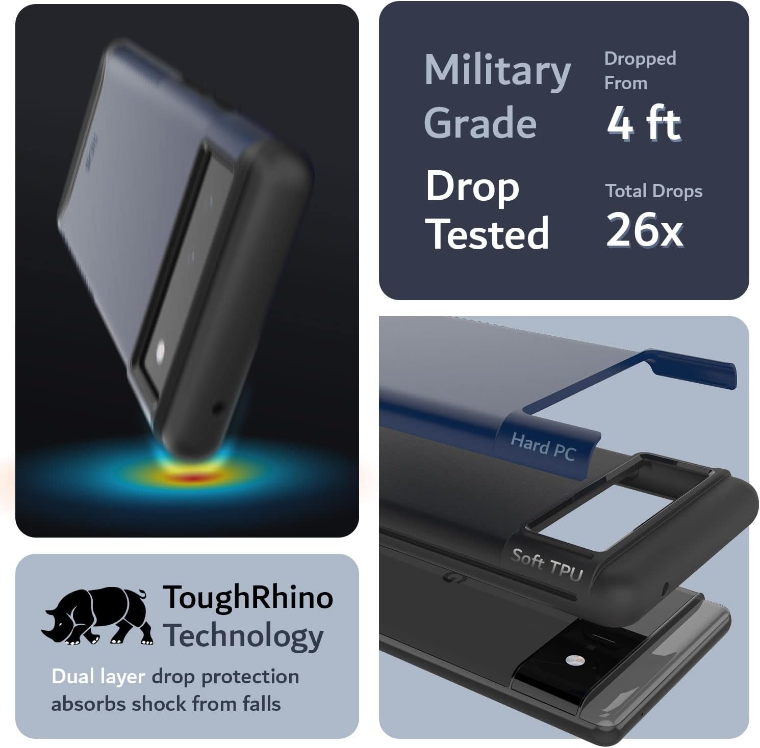 - Military Grade Drop Tested
- Dropped From 4 ft
- Total Drops Tested 26x
- ToughRhino Technology
- Dual layer drop protection absorbs shock from falls
- Hard PC
- Soft TPU
