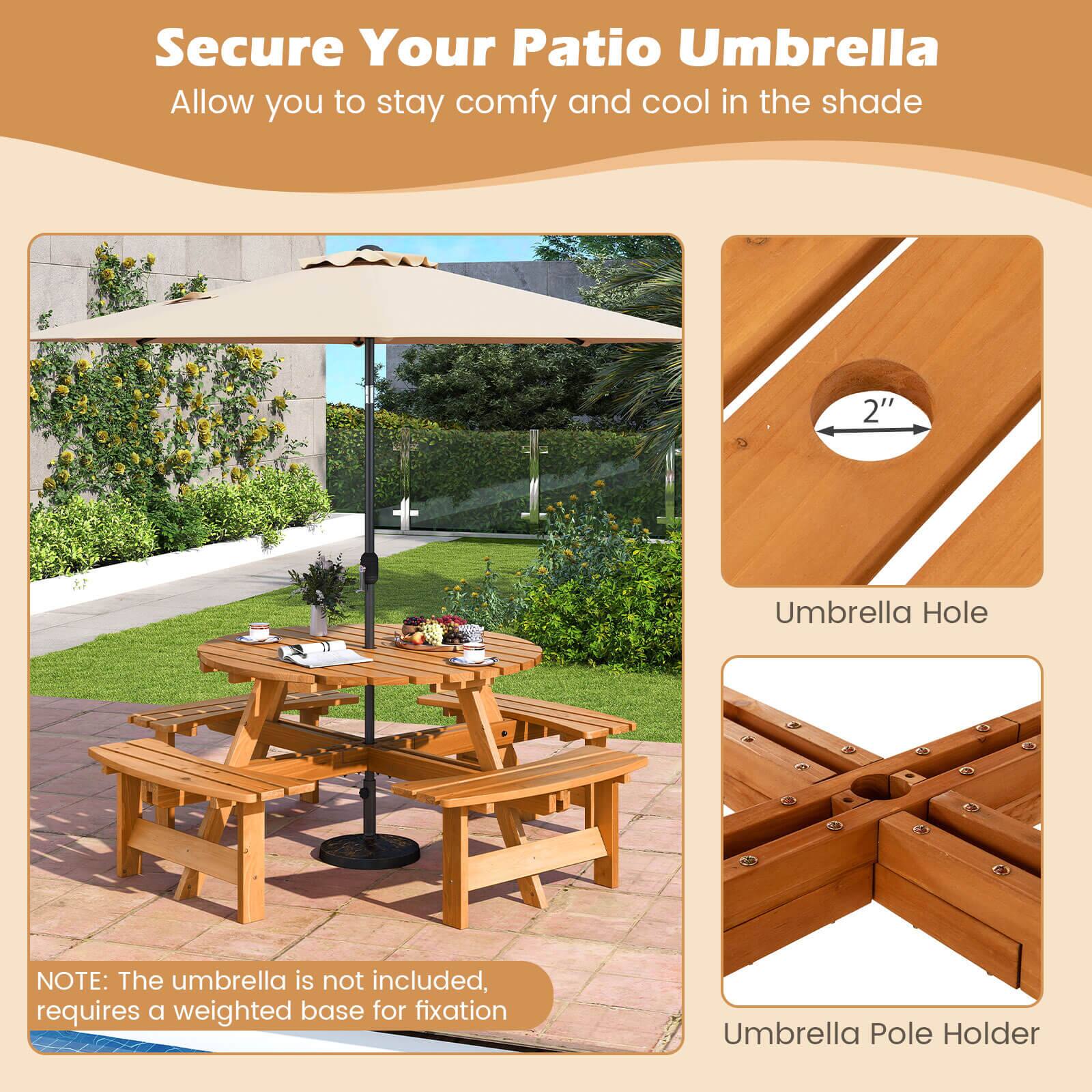 Secure Your Patio Umbrella: Allow you to stay comfy and cool in the shade. 2" Umbrella Hole. NOTE: The umbrella is not included, requires a weighted base for fixation. Umbrella Pole Holder.