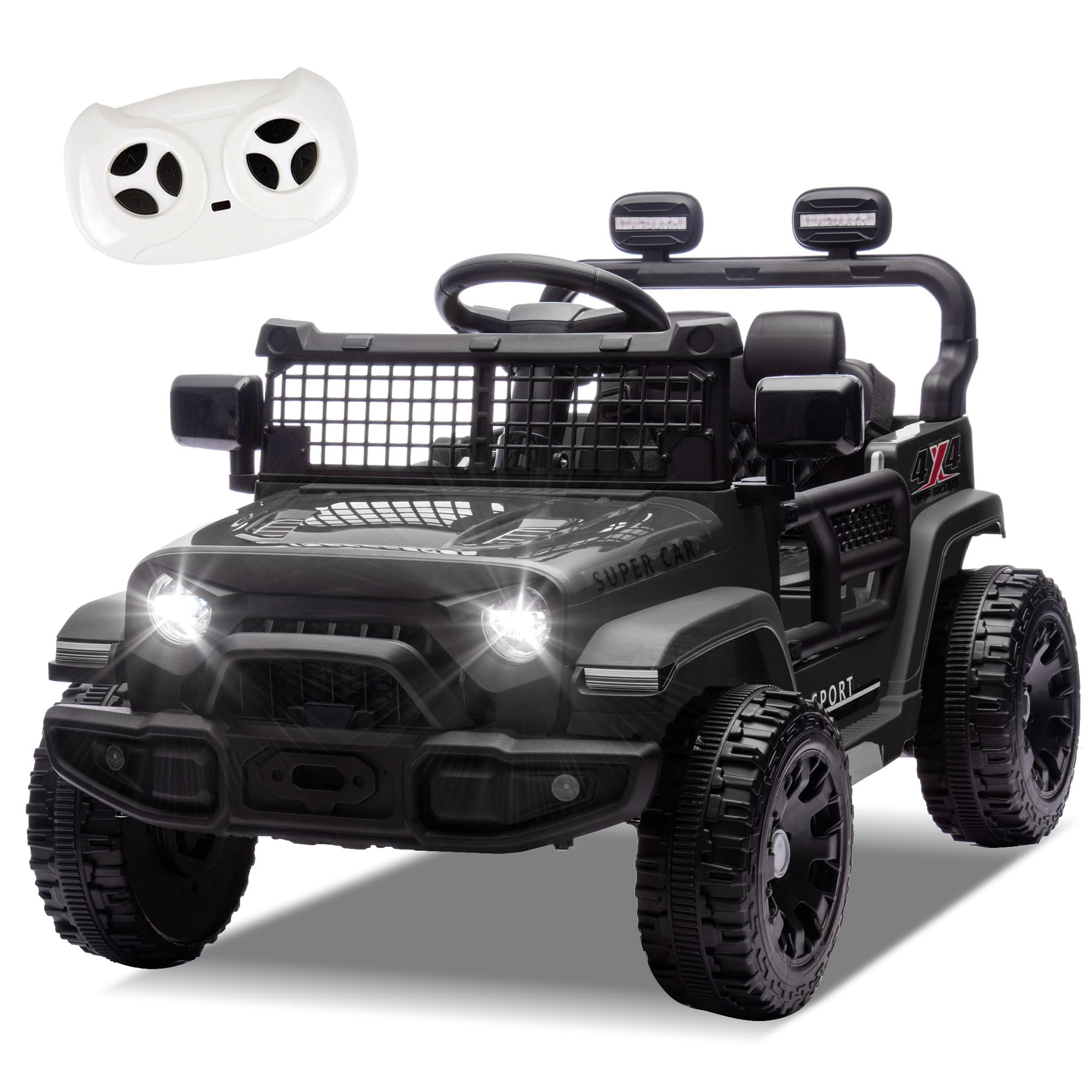 Ecooso - 24V Kids Ride On Car with Remote Control, Four-Wheel Suspension, Bluetooth, Music, LED Lights, Speed 1.86-3.11 MPH - Black
