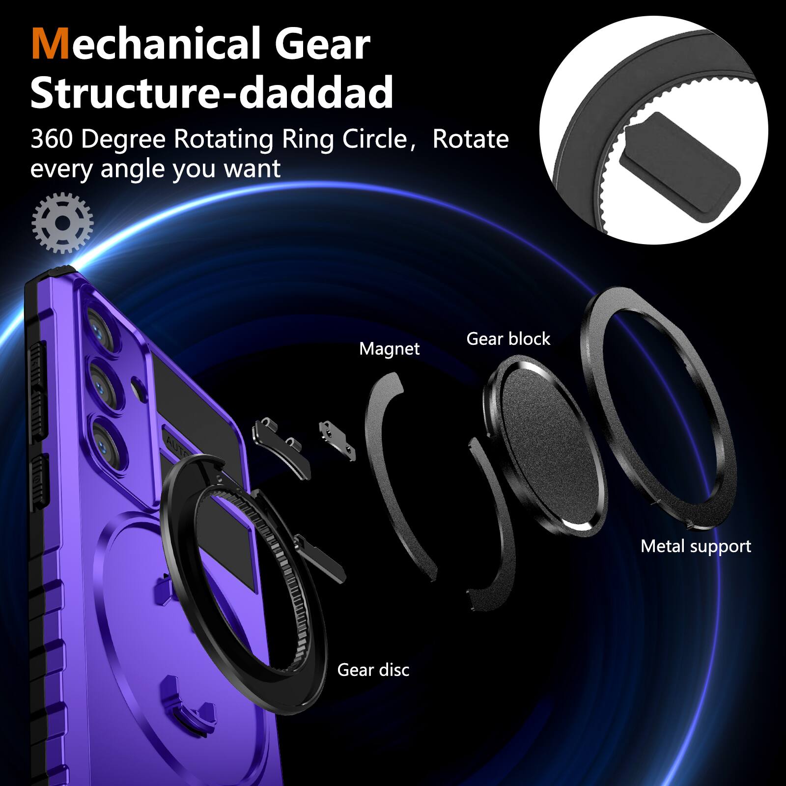 Mechanical Gear Structure-daddad  
360 Degree Rotating Ring Circle, Rotate every angle you want  

- Magnet  
- Gear block  
- Metal support  
- Gear disc