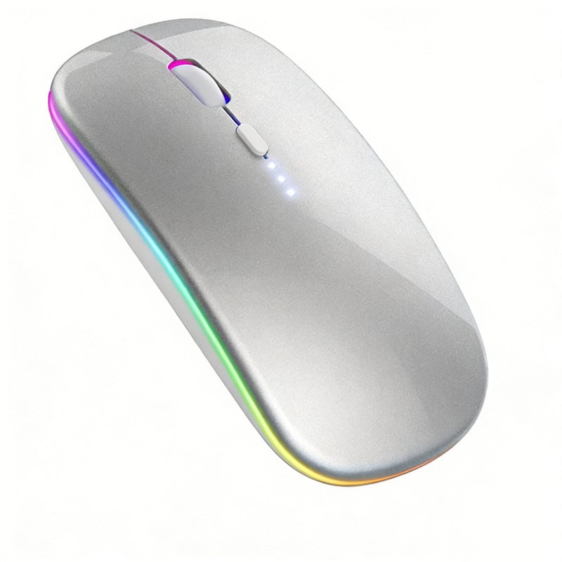 SKRAN - RGB Backlit Slim Rechargeable Silent Mouse, Bluetooth/2.4G Dual Mode, Adjustable DPI for Laptop, PC, Mac, iPad - Wireless - Silver
