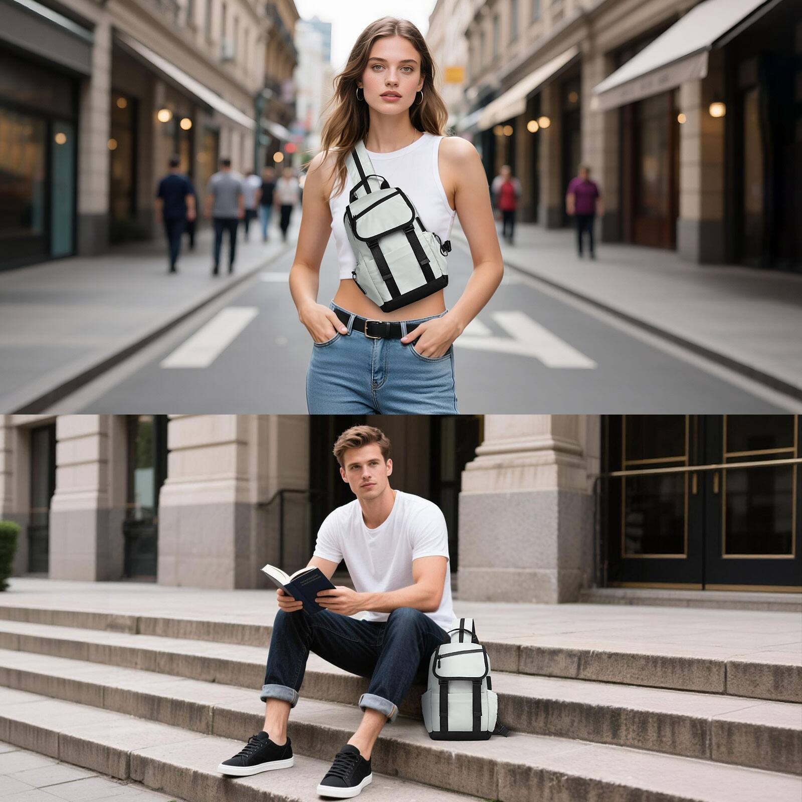 Alt View 5. Unique Bargains - Small Backpack Convertible Crossbody Bags with USB Charge Port Lightweight Casual Sling Shoulder for Outdoor Travel - Beige.