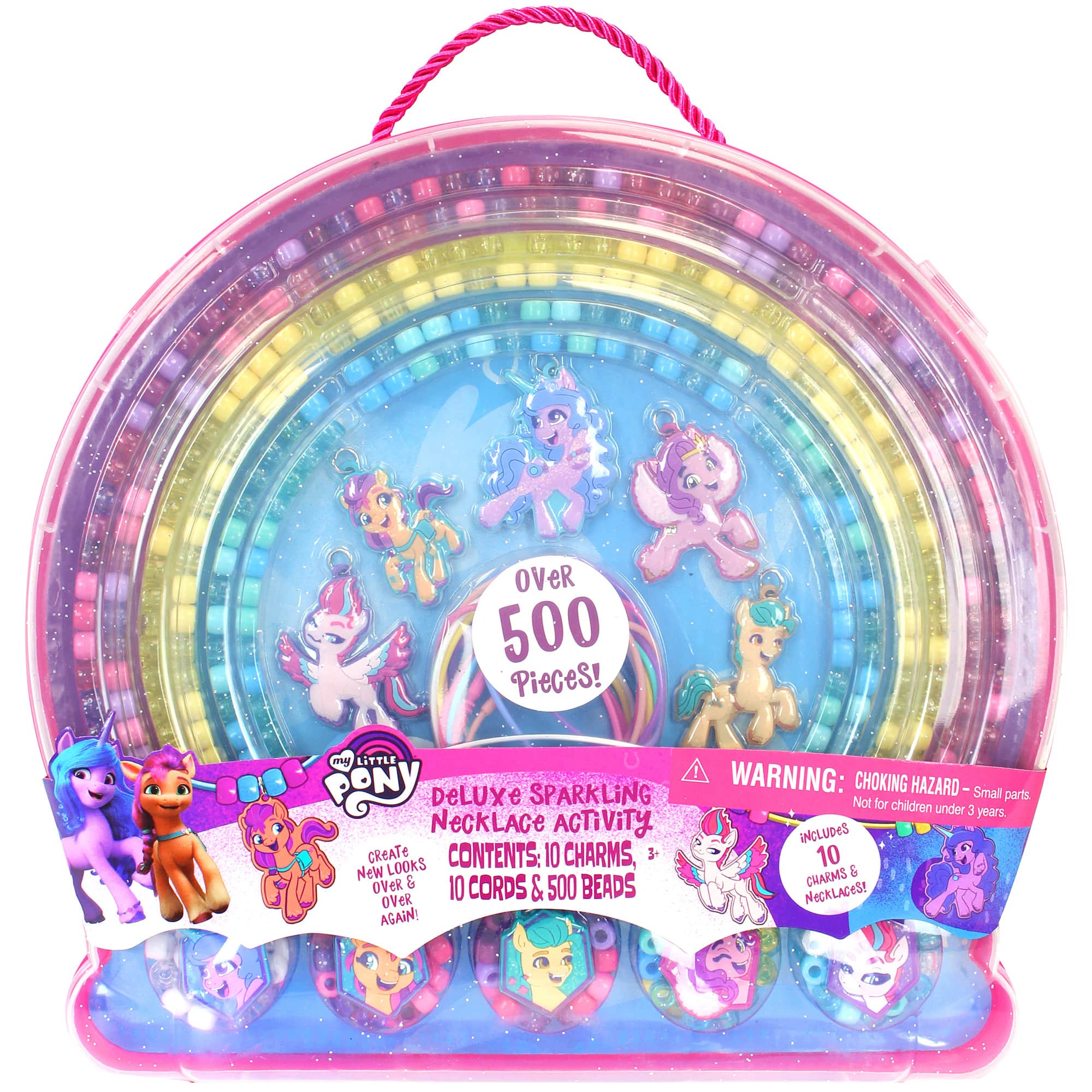 Over 500 Pieces! My Little Pony Necklace Deluxe Sparkling Activity Contents: 10 Charms, 3+ New Looks, 3+ Necklaces, 3+ Cords, and 500 Beads Over Again! Warning: Choking Hazard- Small Parts. Not for children under 3 years. Includes 10 Charms and Necklaces!
