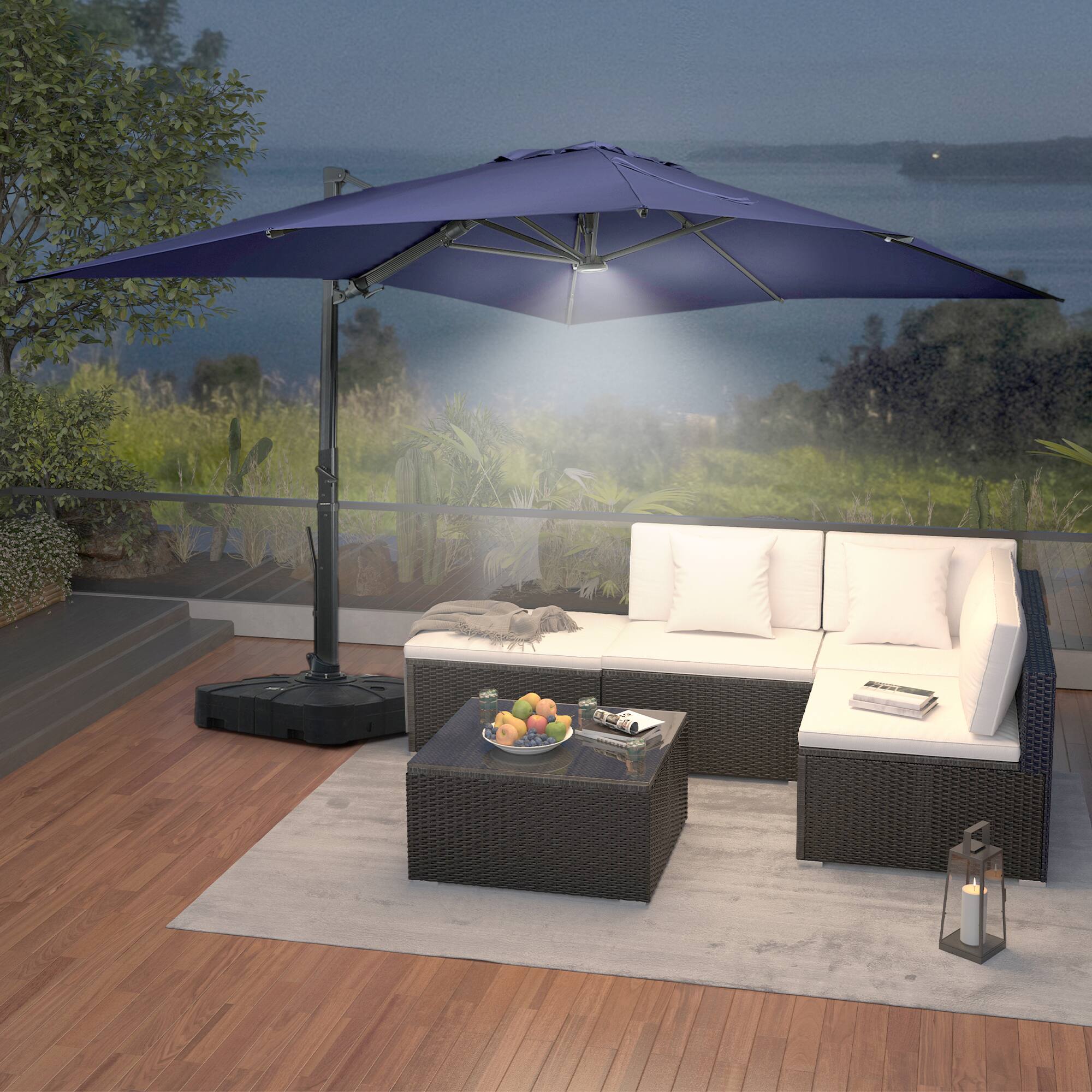 Back. Mondawe - 10*13ft Large Patio Cantilever Umbrella Square with LED Light Panel and Base - Navy Blue.