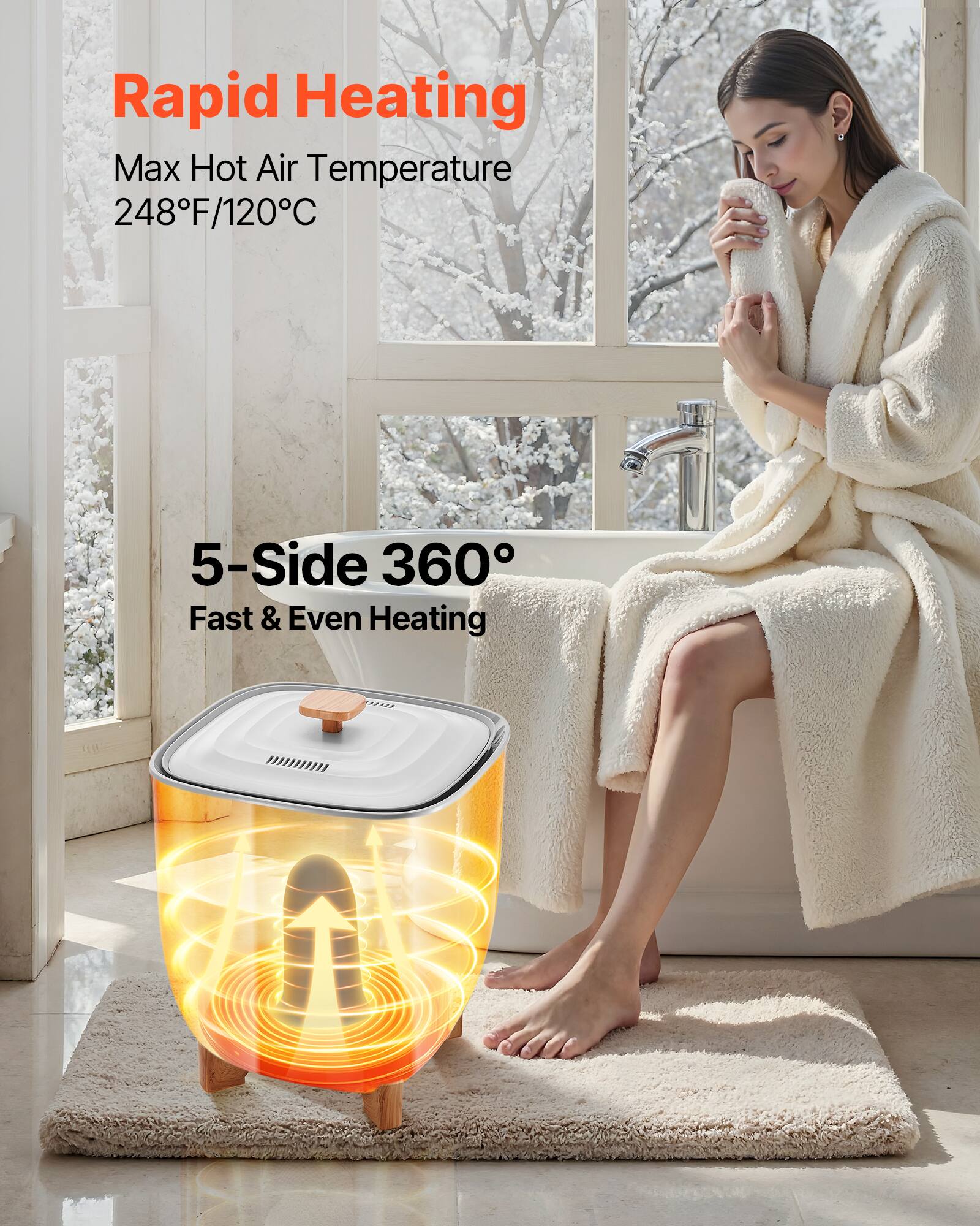 Rapid Heating  
Max Hot Air Temperature 248°F/120°C  

5-Side 360°  
Fast & Even Heating