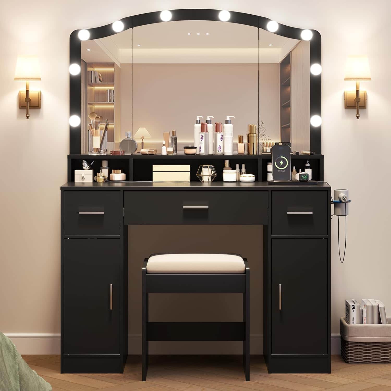 GARVEE - Vanity Desk with LED Lights and Storage, 10 Adjustable LED Mirror, 3 Drawers, 2 Cabinets, Charging Station AC/USB - Black