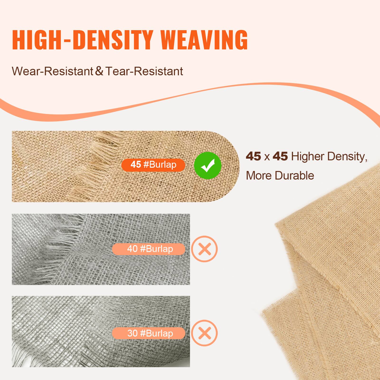 HIGH-DENSITY WEAVING  
Wear-Resistant & Tear-Resistant  

45 #Burlap  
45 x 45 Higher Density, More Durable  

40 #Burlap  
30 #Burlap