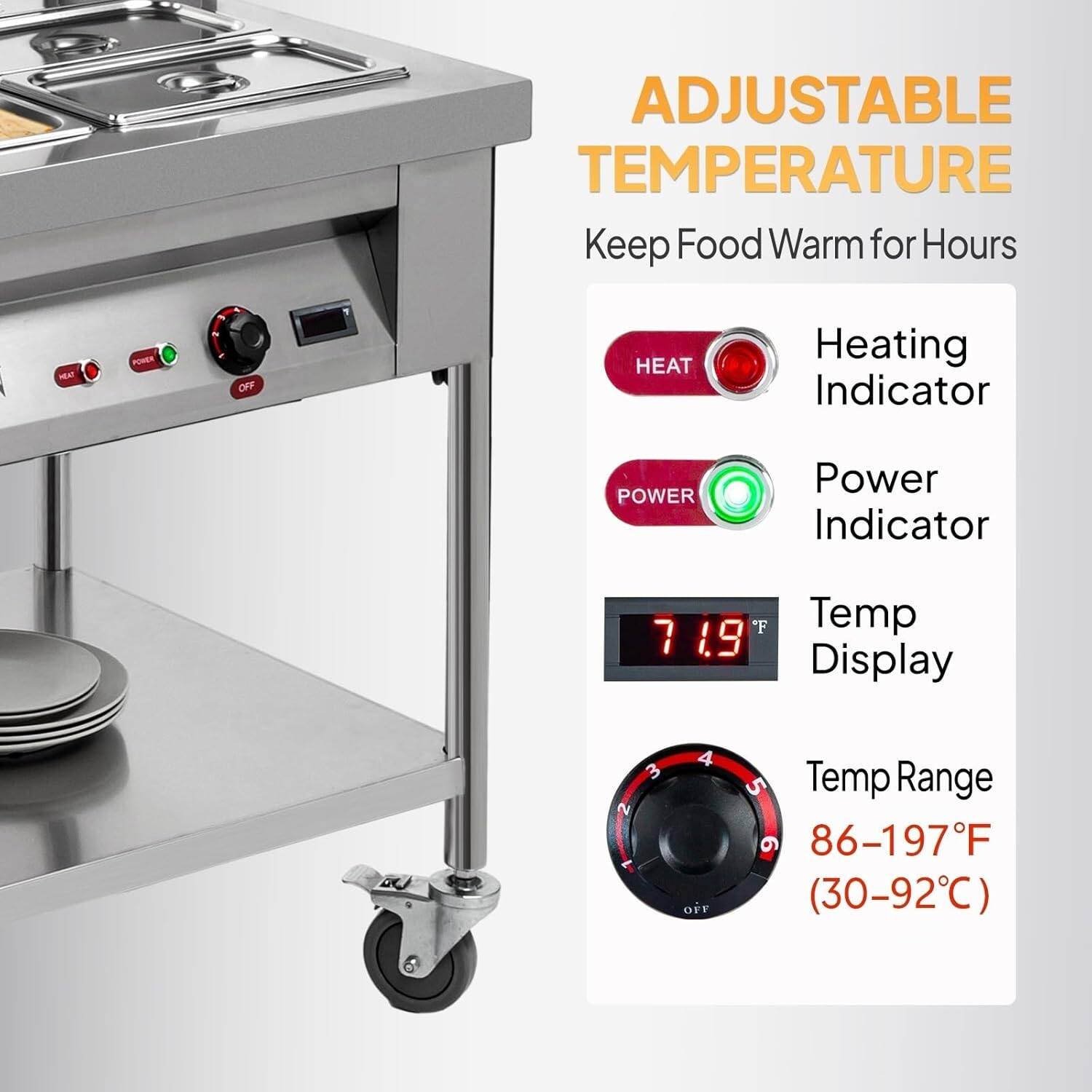 ADJUSTABLE TEMPERATURE  
Keep Food Warm for Hours  

- HEAT Heating Indicator  
- POWER Power Indicator  
- Temp Display 71.9°F  
- Temp Range 86-197°F (30-92°C)