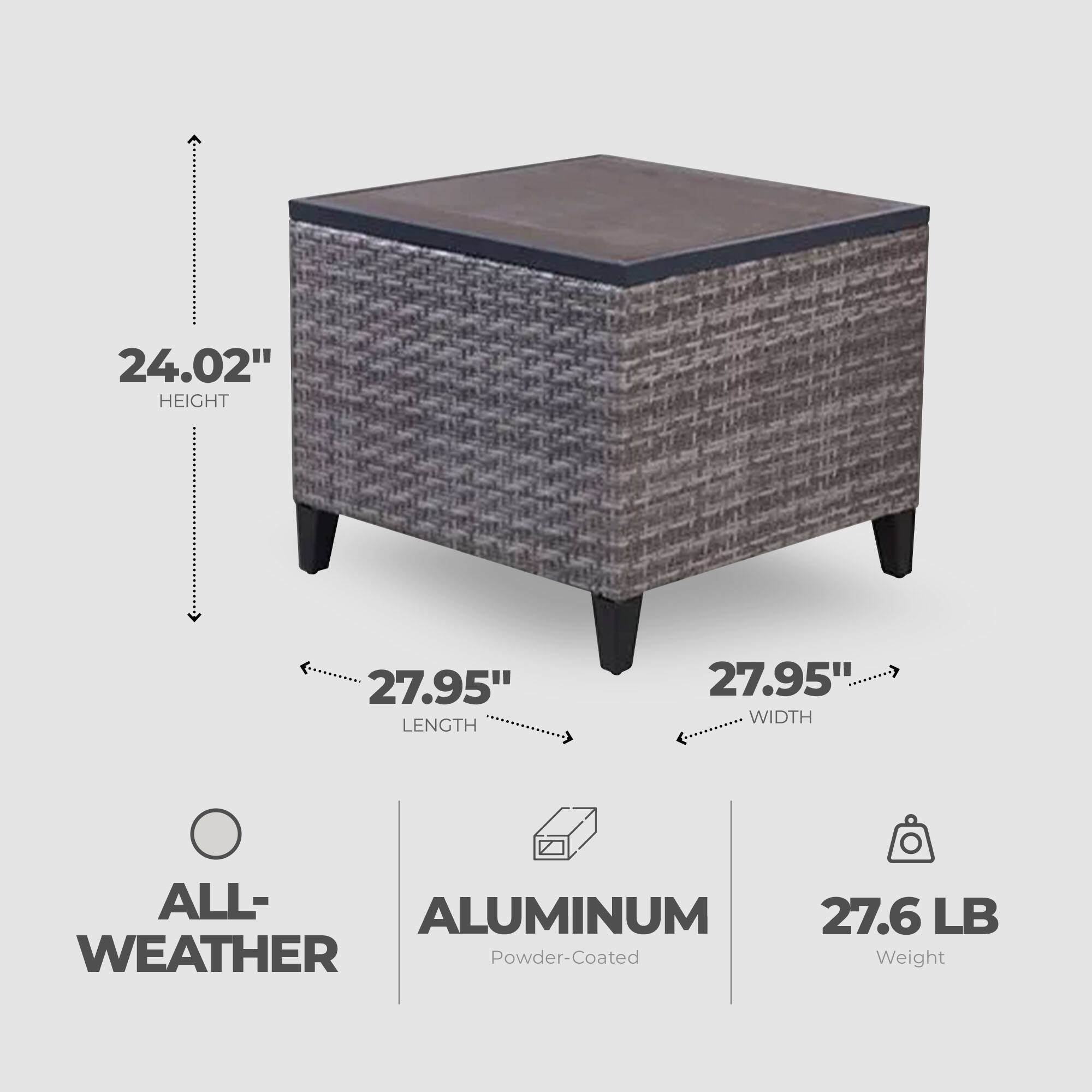 24.02" HEIGHT  
27.95" LENGTH  
27.95" WIDTH  

ALL-WEATHER  
ALUMINUM  
Powder-Coated  

27.6 LB Weight