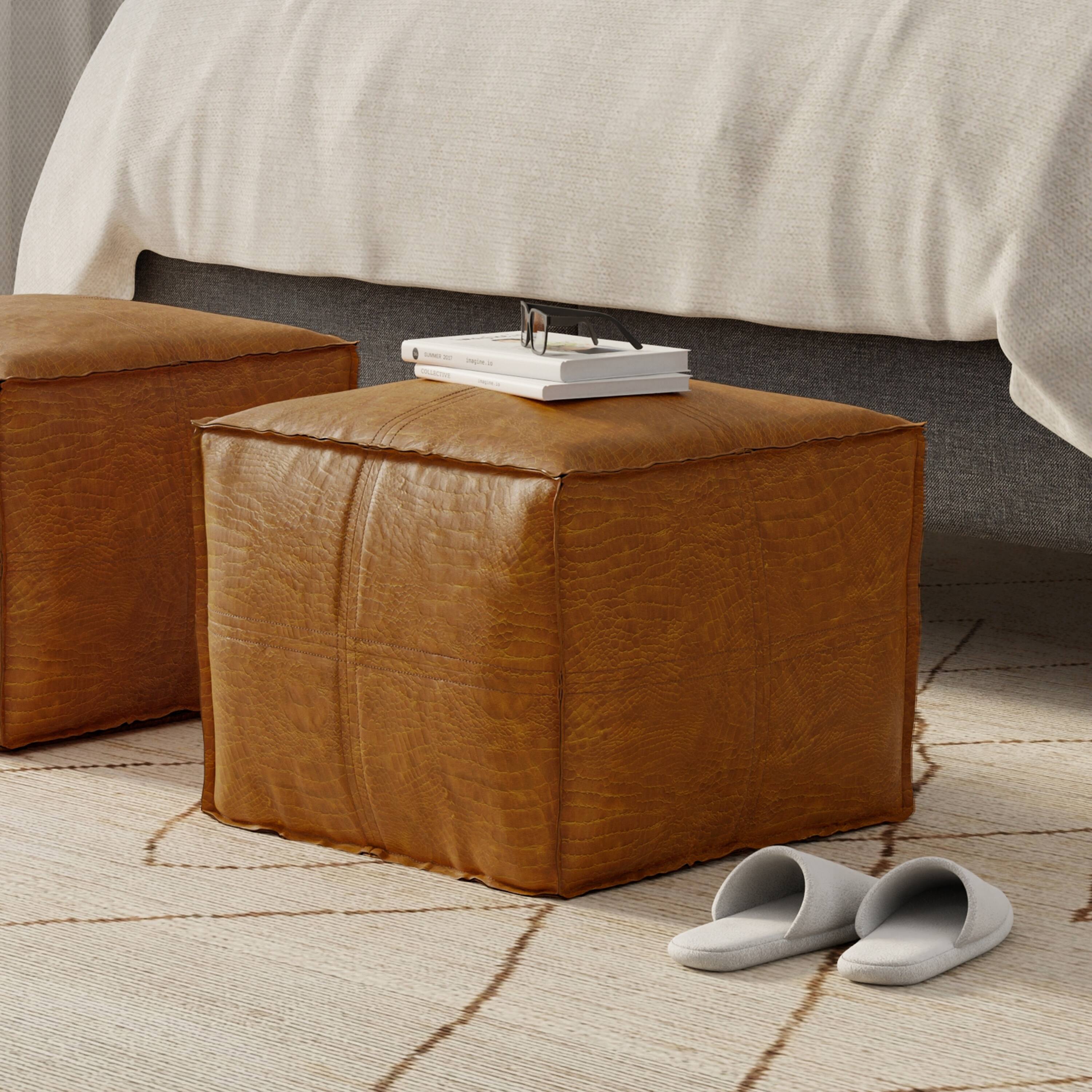 Angle. Simpli Home - Brody 18 inch Wide Boho Square Pouf in Tan Genuine Leather - Tan.