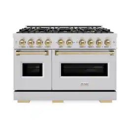 ZLINE - Autograph 48 in. 6.7 cu. ft. Classic Freestanding DuoPro Dual Fuel Range with Convection Oven & Bronze Accents - Satin Stainless Steel