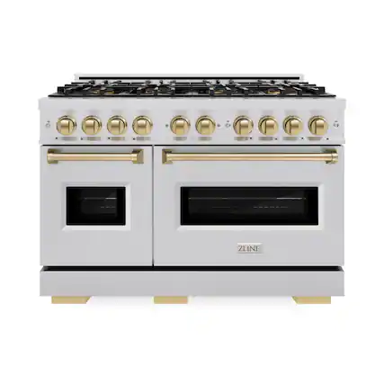 Front. ZLINE - Autograph 48 in. 6.7 cu. ft. Classic Freestanding DuoPro Dual Fuel Range with Convection Oven & Bronze Accents - Satin Stainless Steel.