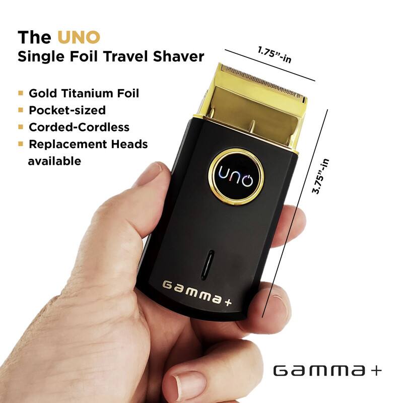 The UNO Single Foil Travel Shaver 1.75"-in Gold Titanium Foil Pocket-sized Corded-Cordless Replacement Heads available uno 3.75"-in Gamma+