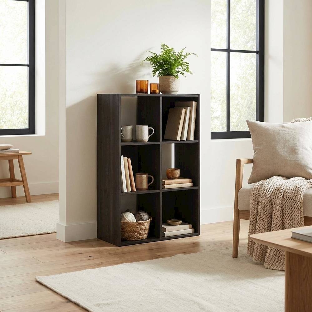 Angle. FurniFact - Wood Bookcase in Warm Brown Finish with Multiple Shelves for Storage - Espresso.