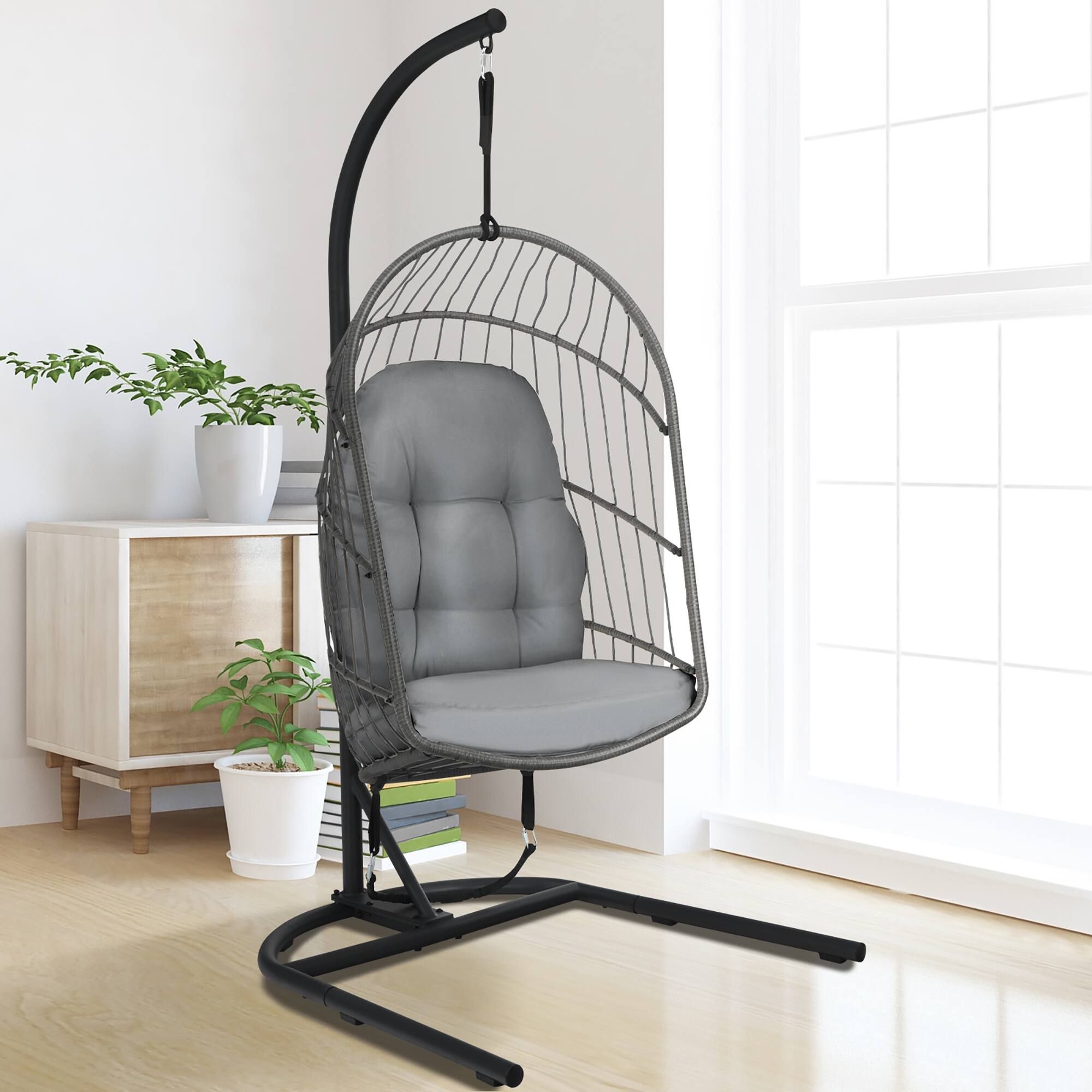 Alt View 1. Costway - Costway Hanging Wicker Egg Chair w/ Stand Cushion Foldable Outdoor Indoor - Gray.