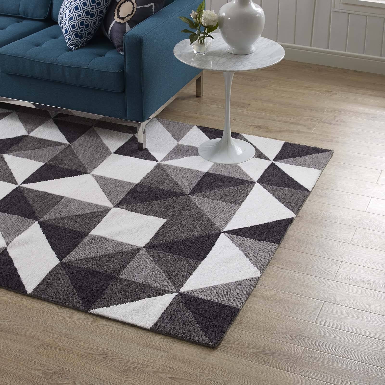 Left. Modway - Kahula Geometric Triangle Mosaic Area Rug - Black Gray and White.