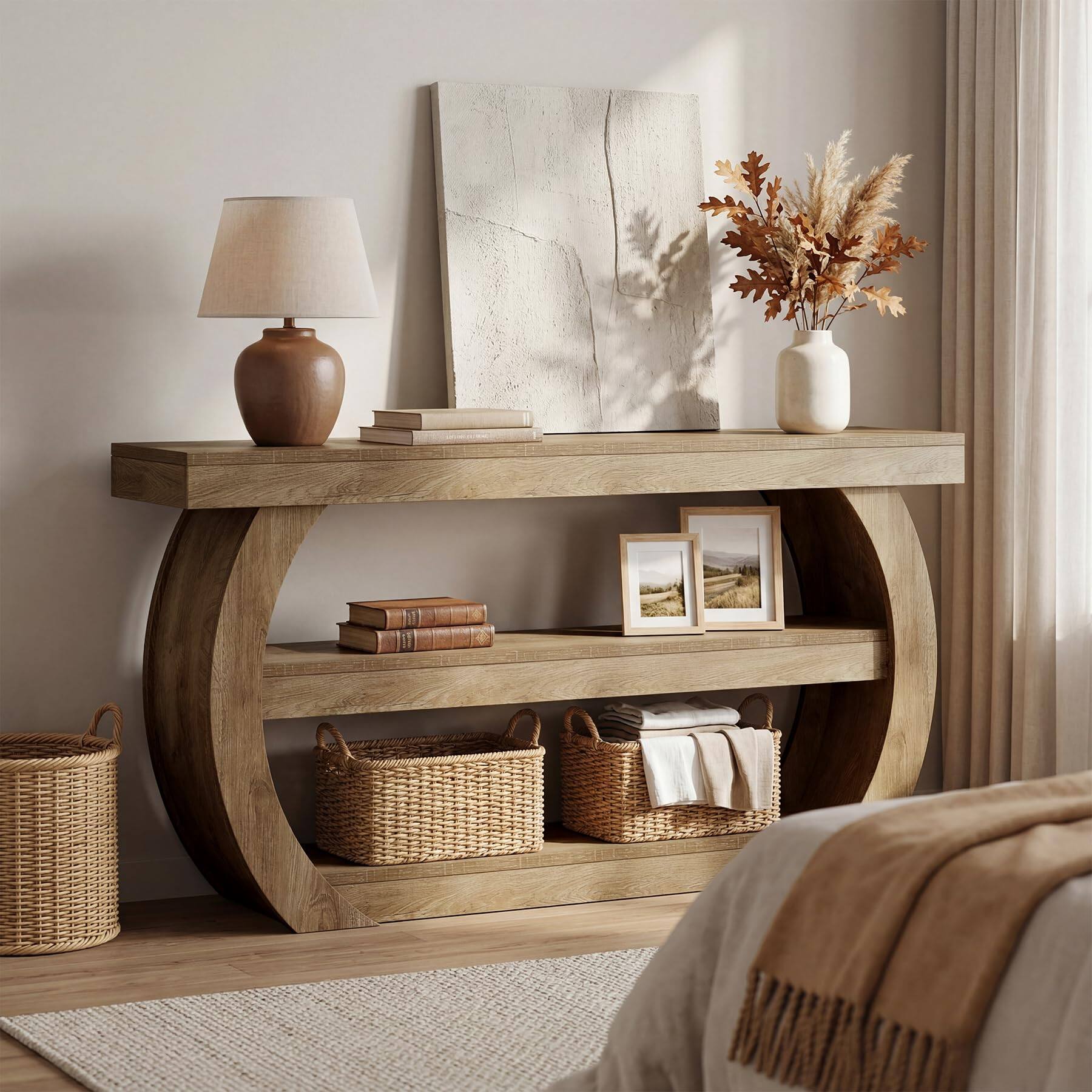 Back. Tribesigns - Farmhouse Console Table, 3-Tier Wooden Entryway Table with Storage Shelves, 63-Inch Long Rectangular Sofa Console Behind - Light Brown.