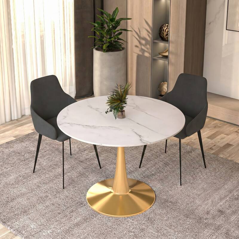 Angle. LeisureMod - Bristol 40" Round Modern Dining Table, Sintered Stone/MDF Top - Minimalist Pedestal Base with Floor Protection - MDF - Marbled White.