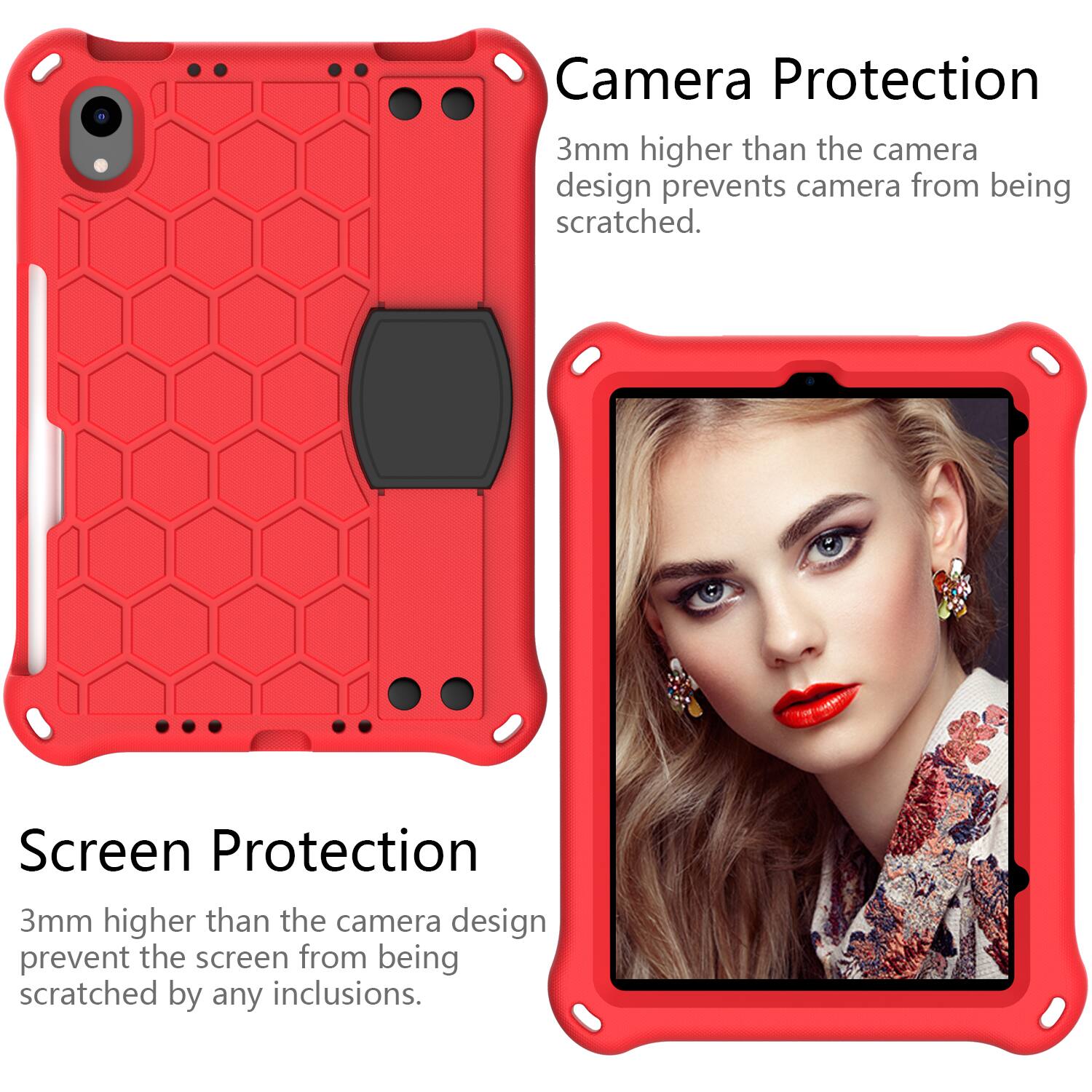 Camera Protection  
3mm higher than the camera design prevents camera from being scratched.  

Screen Protection  
3mm higher than the camera design prevent the screen from being scratched by any inclusions.