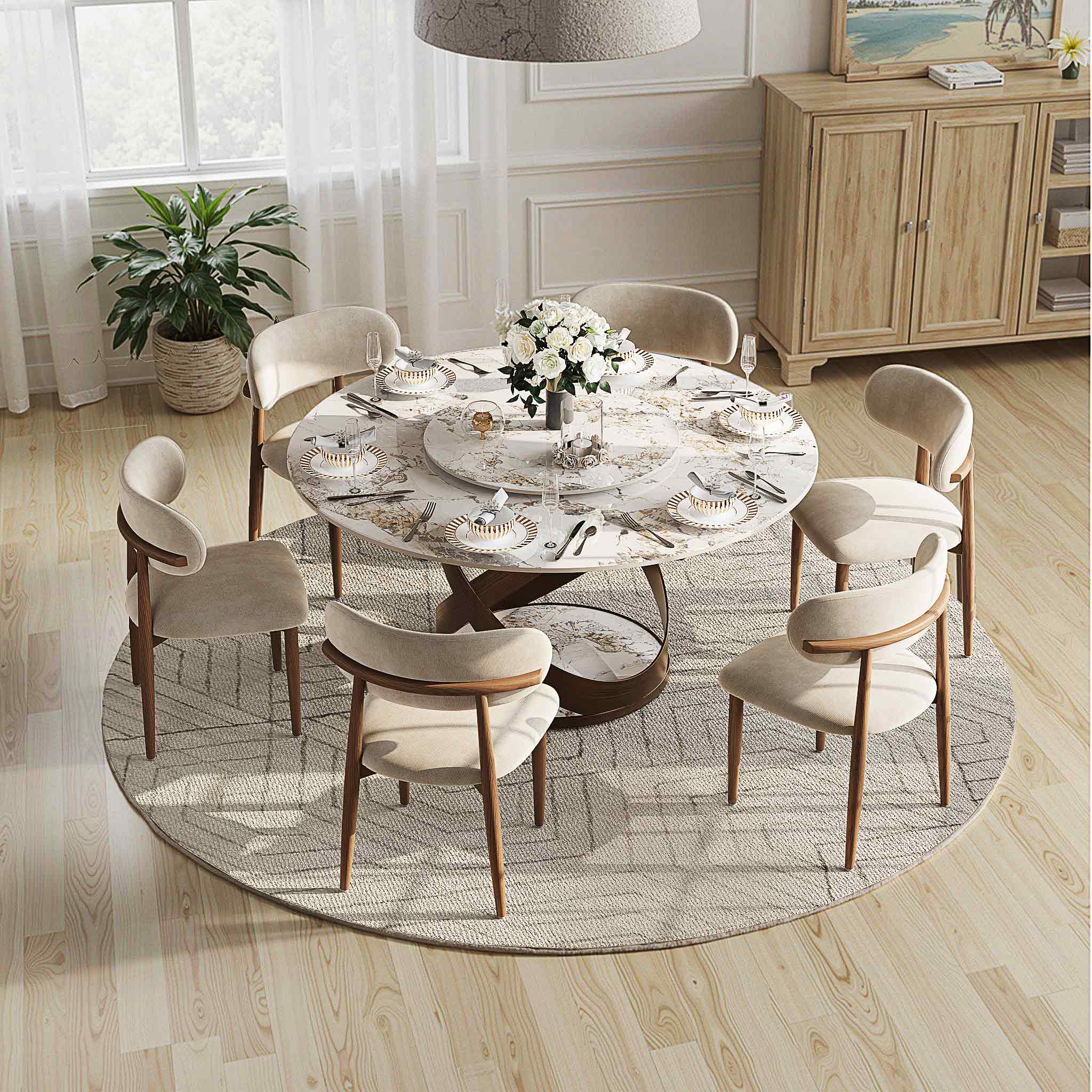 Alt View 4. POVISON - Mid-Century Modern Wood Dining Chairs Set of 2（Cotton Linen，Beige & Walnut） - Beige & Walnut.