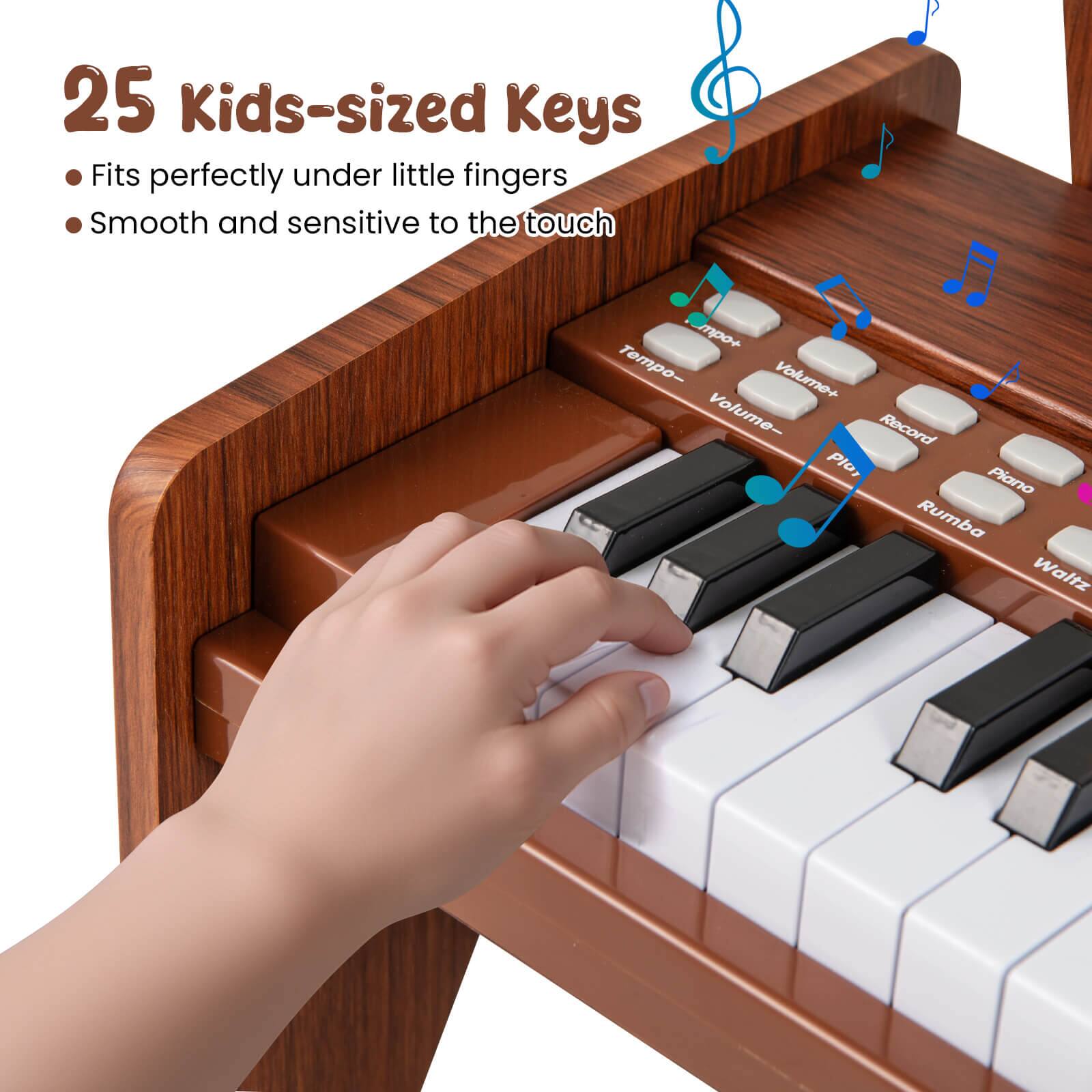 25 Kids-sized Keys  
- Fits perfectly under little fingers  
- Smooth and sensitive to the touch  

Tempo+  
Tempo-  
Volume+  
Volume-  
Record  
Plot  
Piano  
Rumba  
Waltz