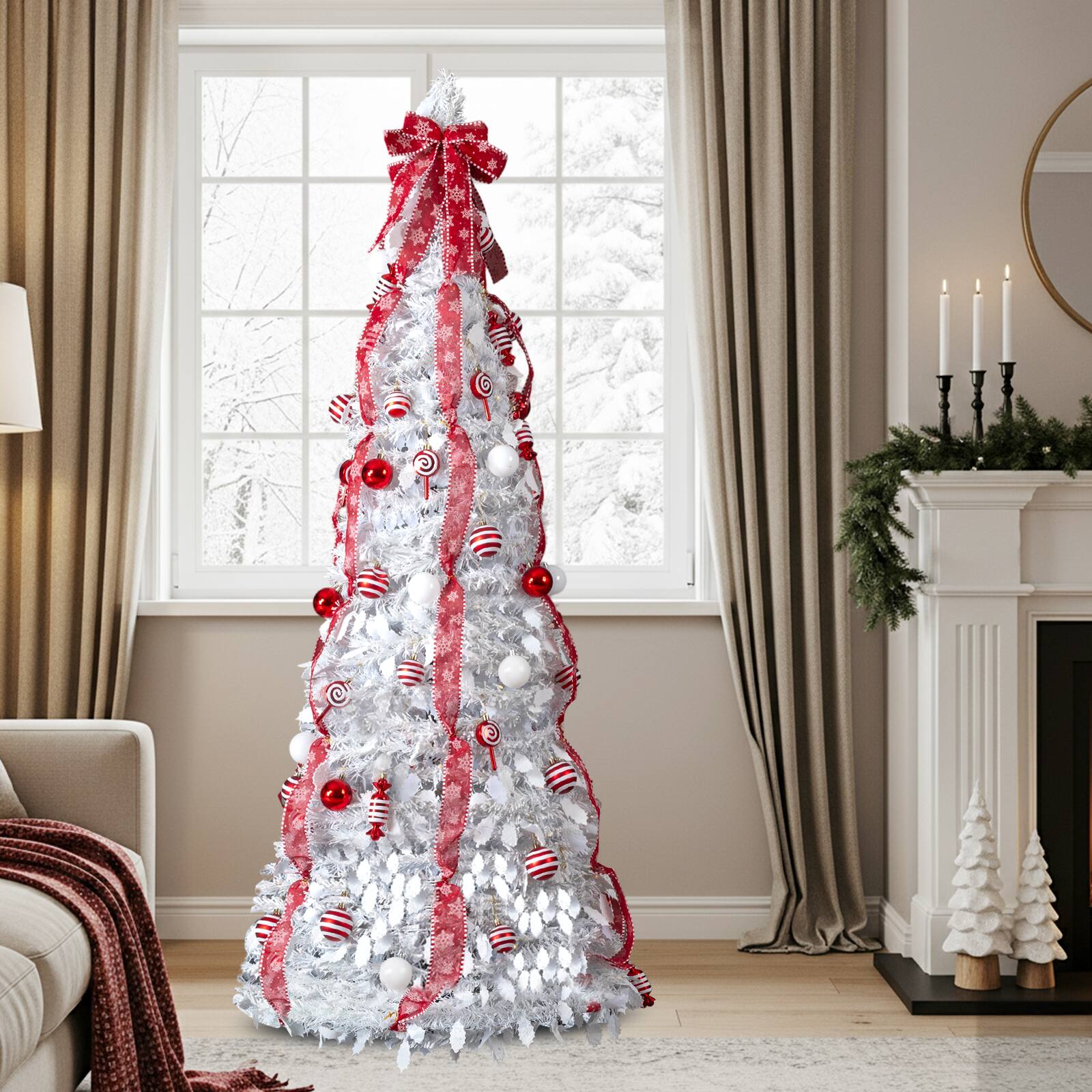 Back. VAVSEA - 7 FT Pre-Lit White Christmas Tree with 170 Warm Lights & Red Ornaments for Holiday Decor - White.