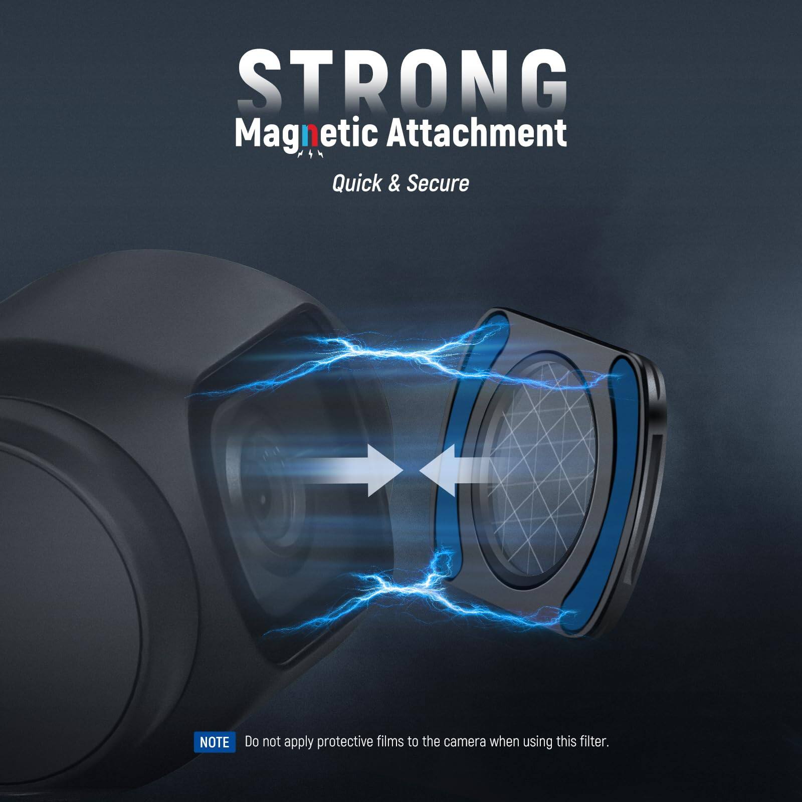 STRONG Magnetic Attachment  
Quick & Secure  

NOTE: Do not apply protective films to the camera when using this filter.