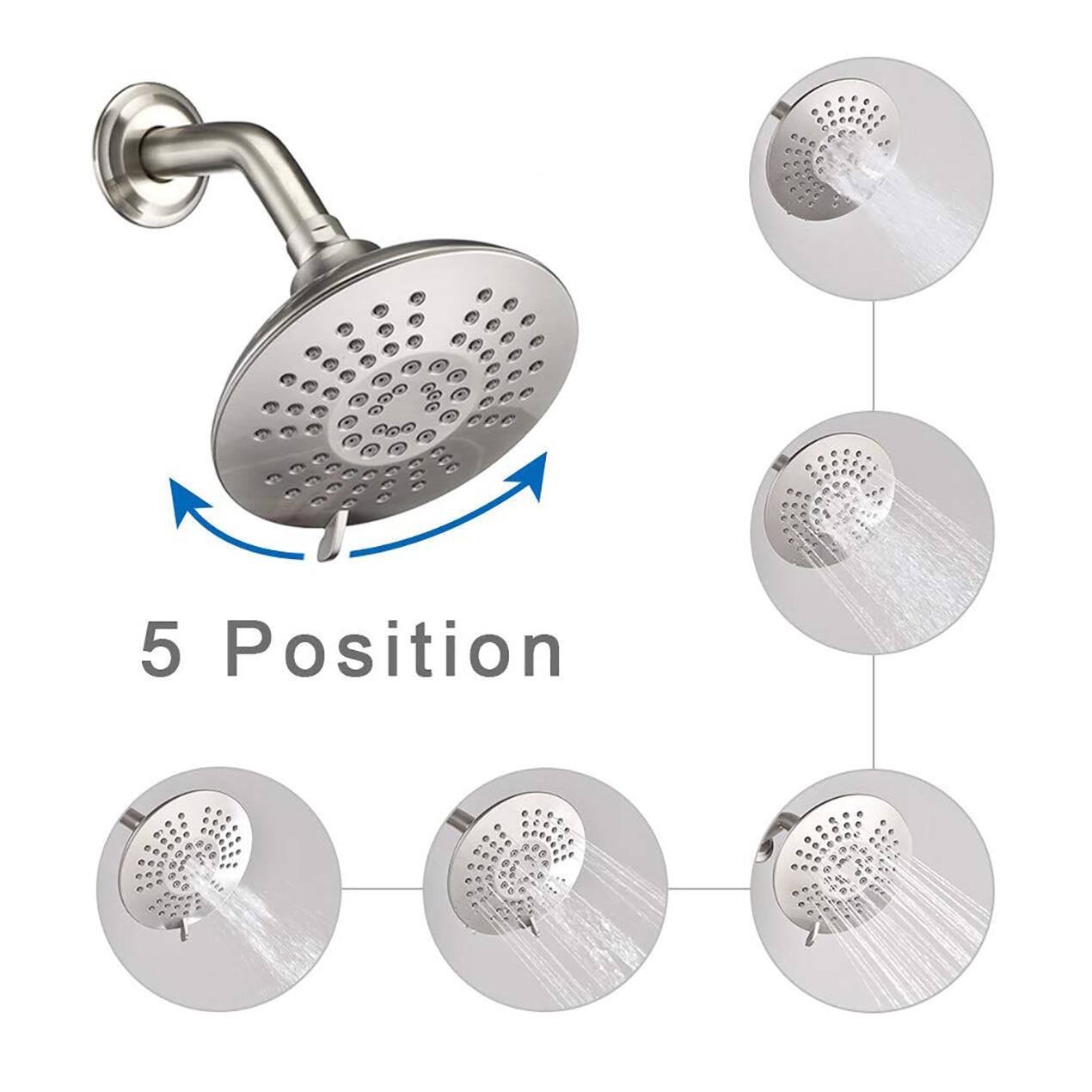 Alt View 4. Boyel Living - 5 Spray Patterns 2.2 GPM 6 Inch Wall Mount Fixed Shower Head with Handle Trim and Valve in Brushed Nickel - Brushed Nickel.
