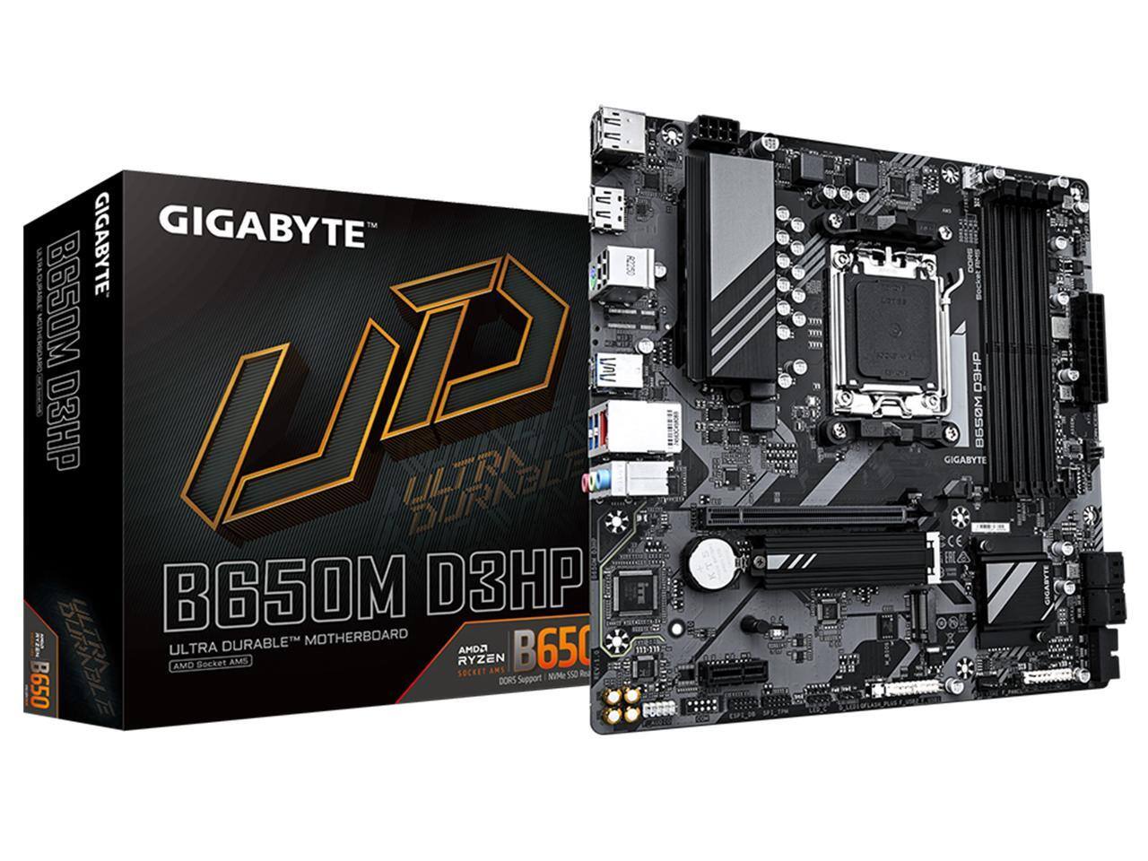 GIGABYTE  
B650M D3HP  
ULTRA DURABLE™ MOTHERBOARD  
AMD Socket AM5  
B650  
AMD RYZEN  
D4R Support  
PCIe 5.0 x16  
DDR5 Support  
133-139 MM  
550 DORS  
GIGABYTE  
CE