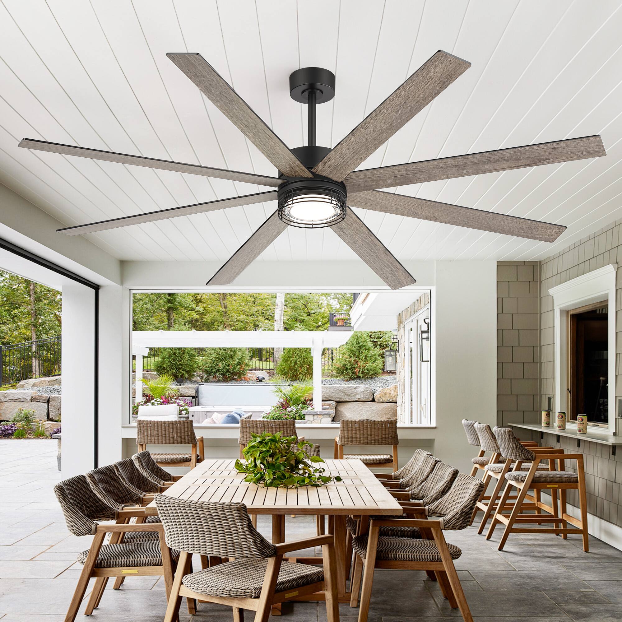 Angle. Breezary - 72-Inch Modern Ceiling Fan with Dimmable 3-Color LED Light 8 Blades DC Motor Remote Timer Downrod Mount - 72-inch Black and Wood Grain.