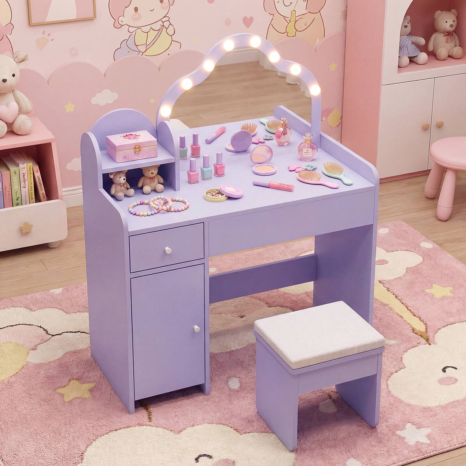 Alt View 3. Gymax - Gymax Kids Vanity Set Princess Pretend Play Makeup Desk w/ Cute Cloud-Shaped Mirror - Purple.