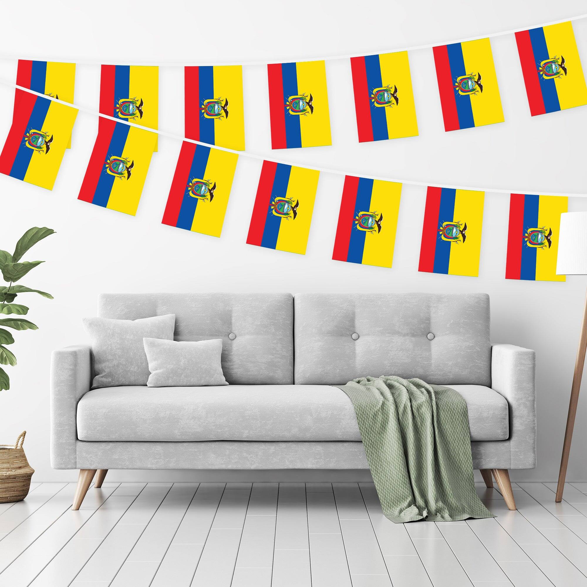 Angle. G128 - Ecuador Flag Bunting — 38 Mini Flags, 33 ft String, 150D Polyester. - Assorted Colors.