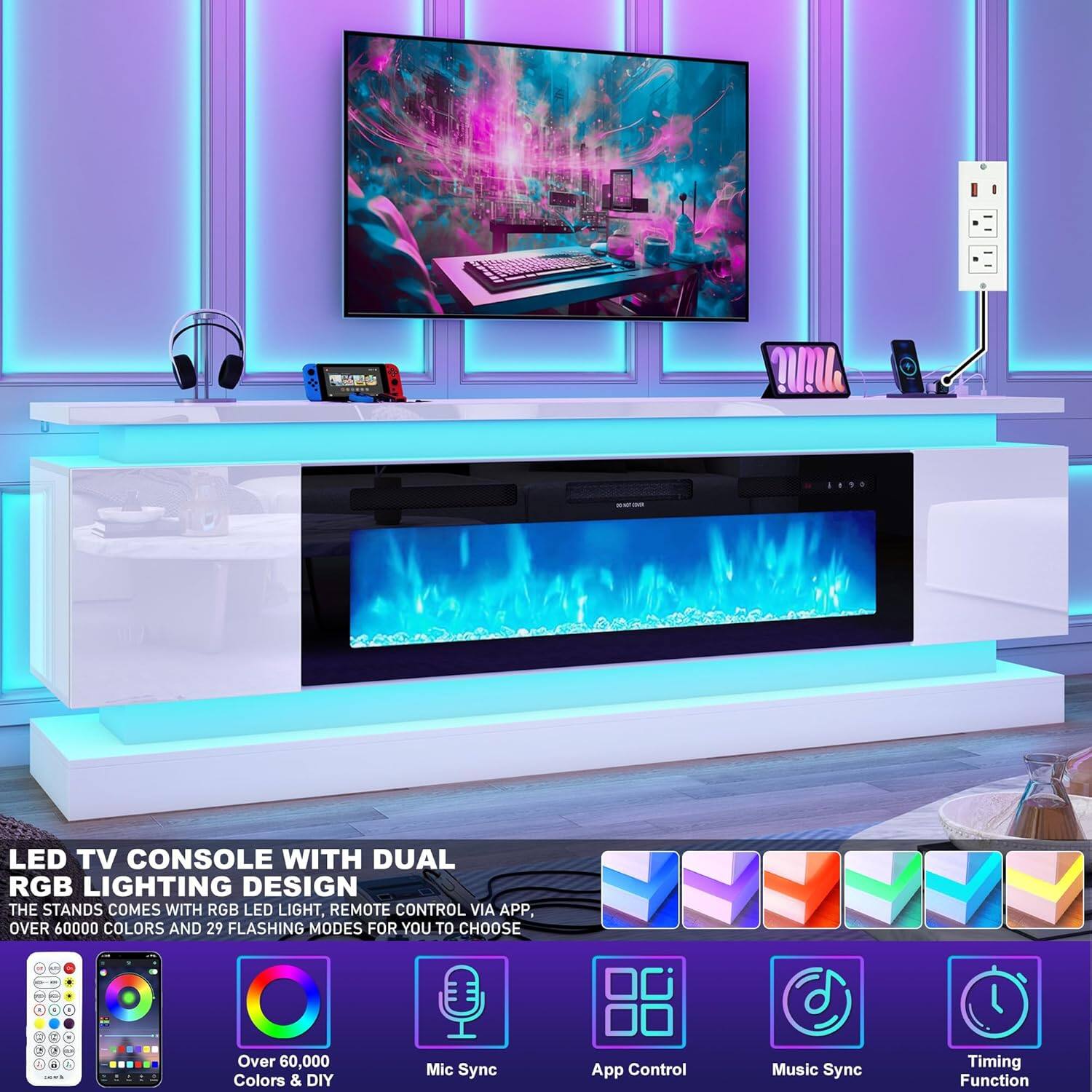 AS LED TV CONSOLE WITH DUAL RGB LIGHTING DESIGN THE STANDS COMES WITH RGB LED LIGHT, REMOTE CONTROL VIA APP, OVER 60000 COLORS AND 29 FLASHING MODES FOR YOU TO CHOOSE. Over 60,000 Colors & DIY Mic Sync App Control Music Sync Timing Function