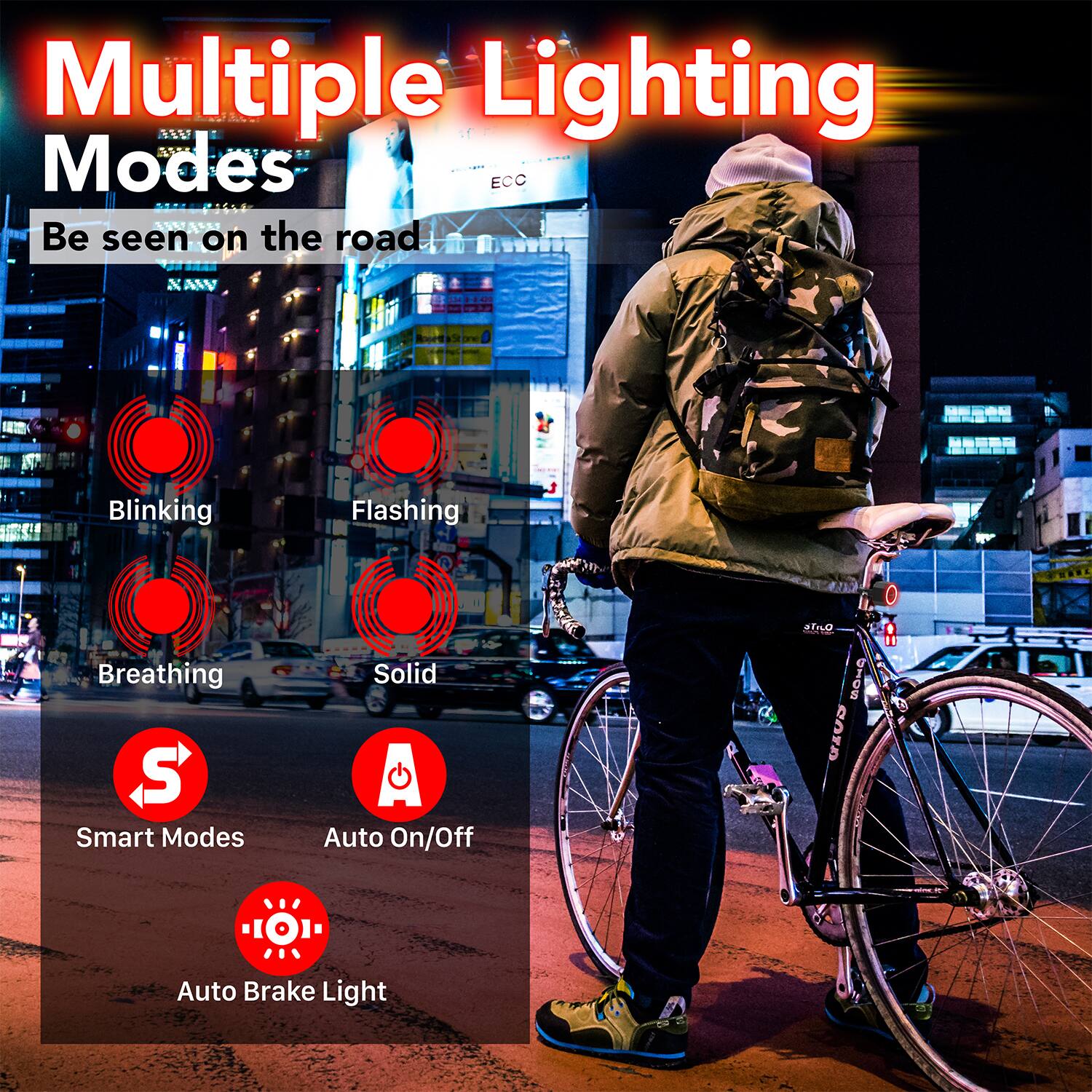 Multiple Lighting Modes  
Be seen on the road  

- Blinking  
- Flashing  
- Breathing  
- Solid  
- Smart Modes  
- Auto On/Off  
- Auto Brake Light