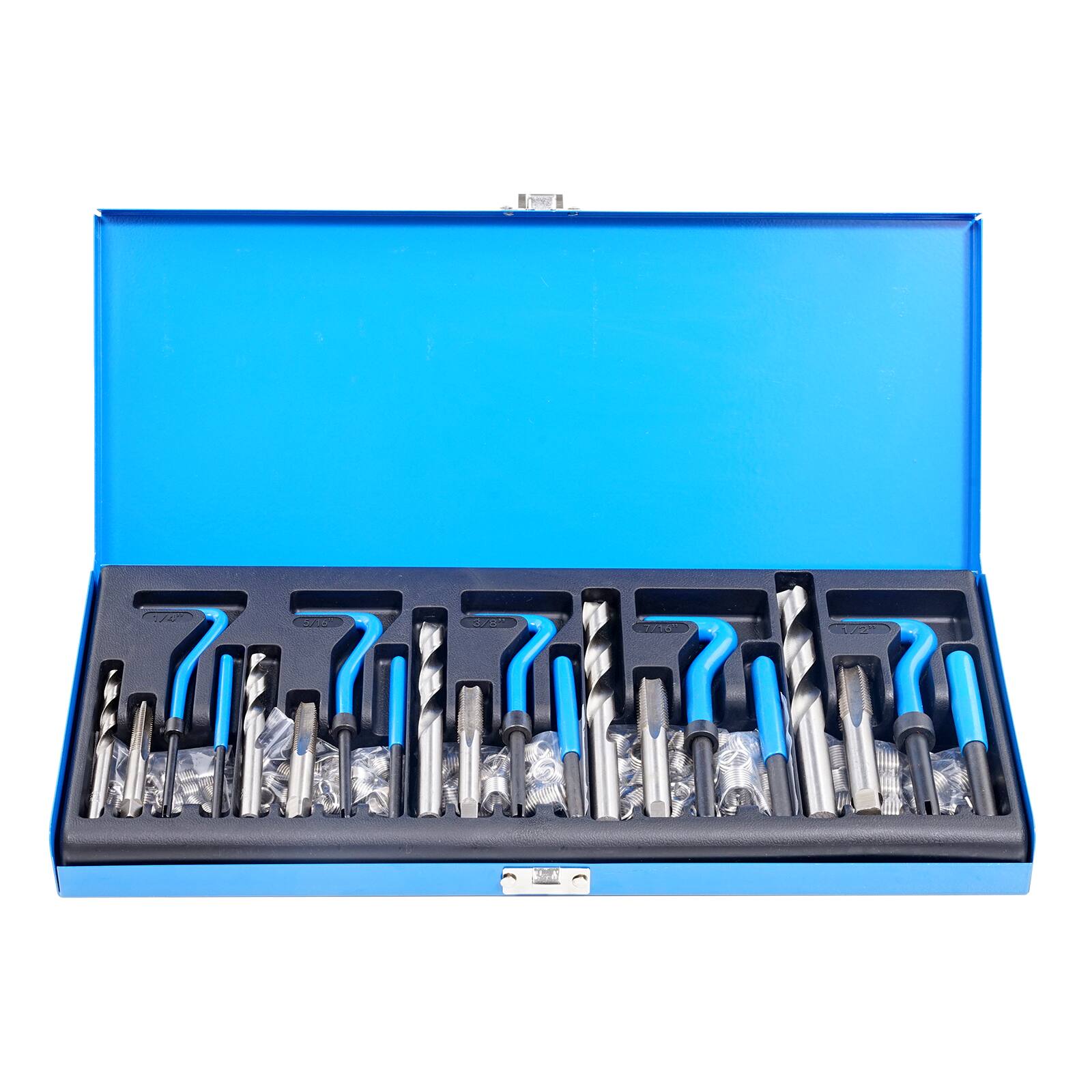 Alt View 5. VEVOR - Helicoil Thread Repair Kit, 131-Piece SAE HSS Drill Helicoil Repair Kit, 1/4" 5/16" 3/8" 7/16" 1/2"UNC - Blue & Black.