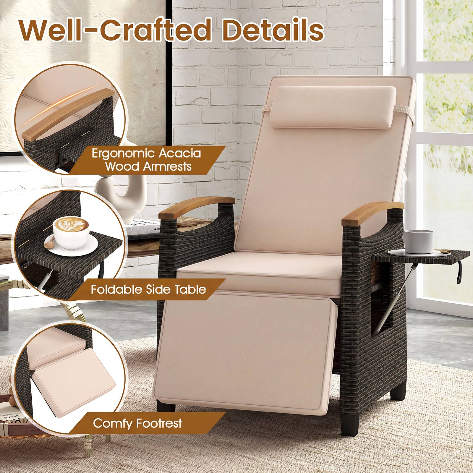 Well-Crafted Details

Ergonomic Acacia Wood Armrests

Foldable Side Table

Comfy Footrest