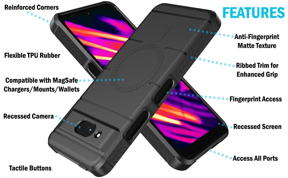 Reinforced Corners

FEATURES
- Flexible TPU Rubber
- Compatible with MagSafe Chargers/Mounts/Wallets
- Anti-Fingerprint Matte Texture
- Ribbed Trim for Enhanced Grip
- Fingerprint Access
- Recessed Camera
- Recessed Screen
- Tactile Buttons
- Access All Ports