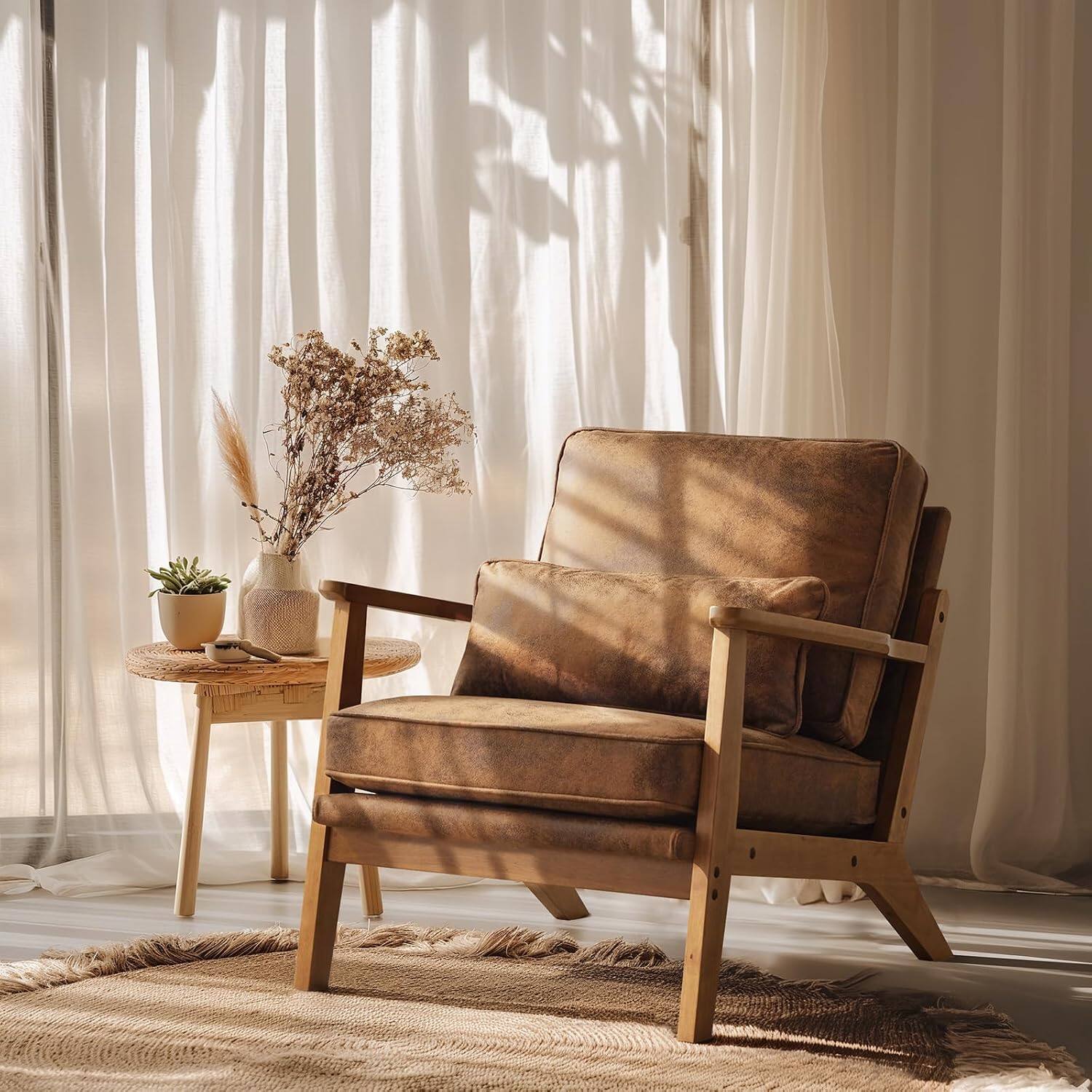 Alt View 8. Winado - Solid Wood Wide Armrests Accent Mid Century Modern Chair,Upholstered with Pillow,Reading Chair for Living Room,Bedroom - Suede-Rustic.