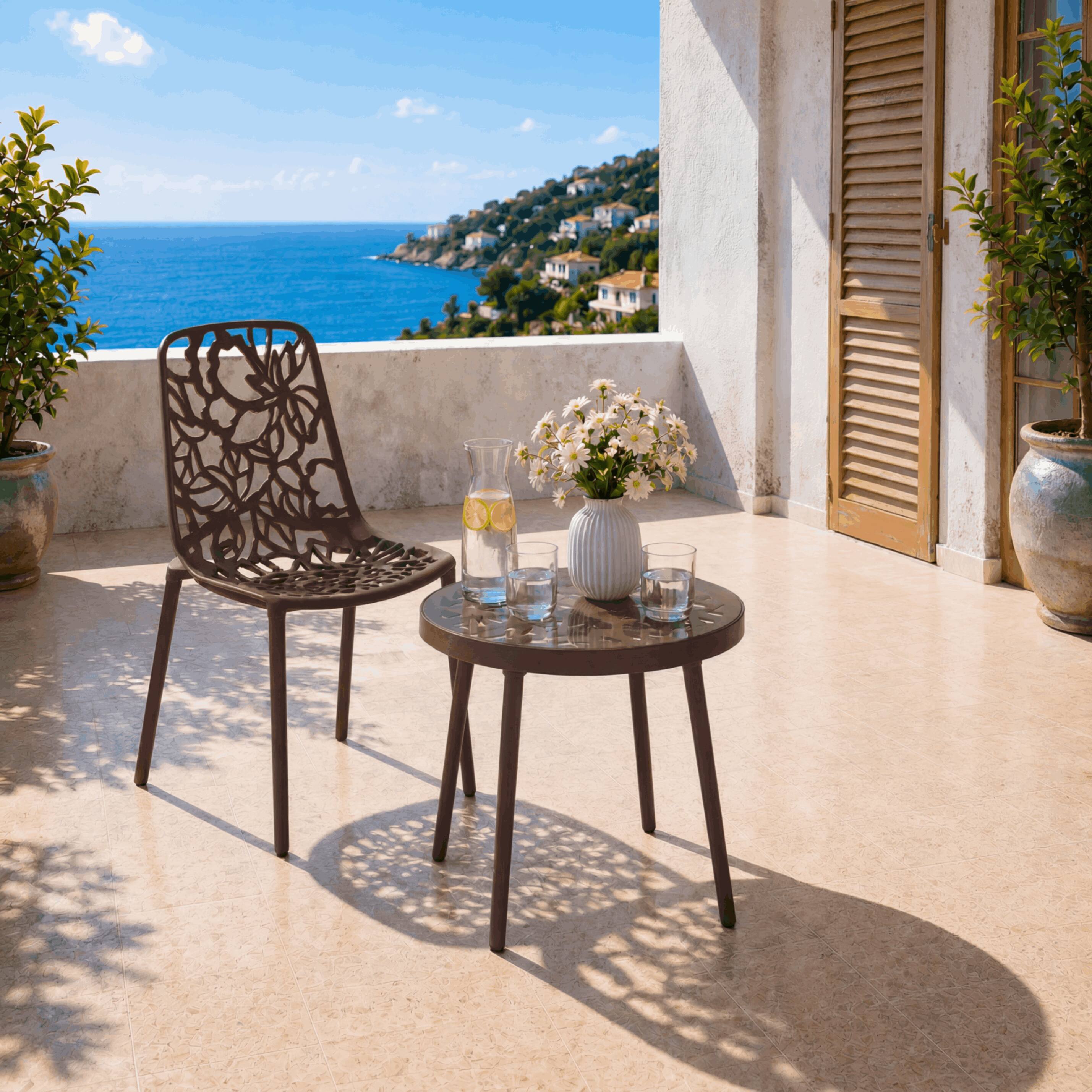 Angle. LeisureMod - Devon (Set of 2) Aluminum Outdoor Dining Chair, UV Resistant & Stackable Floral Design Accent Chair - Fully Assembled - Brown.