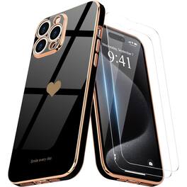 Entronix - iPhone 14 Pro Max Bundle - Stylish Heart Case with 2 Tempered Glass Screen Protectors - Black