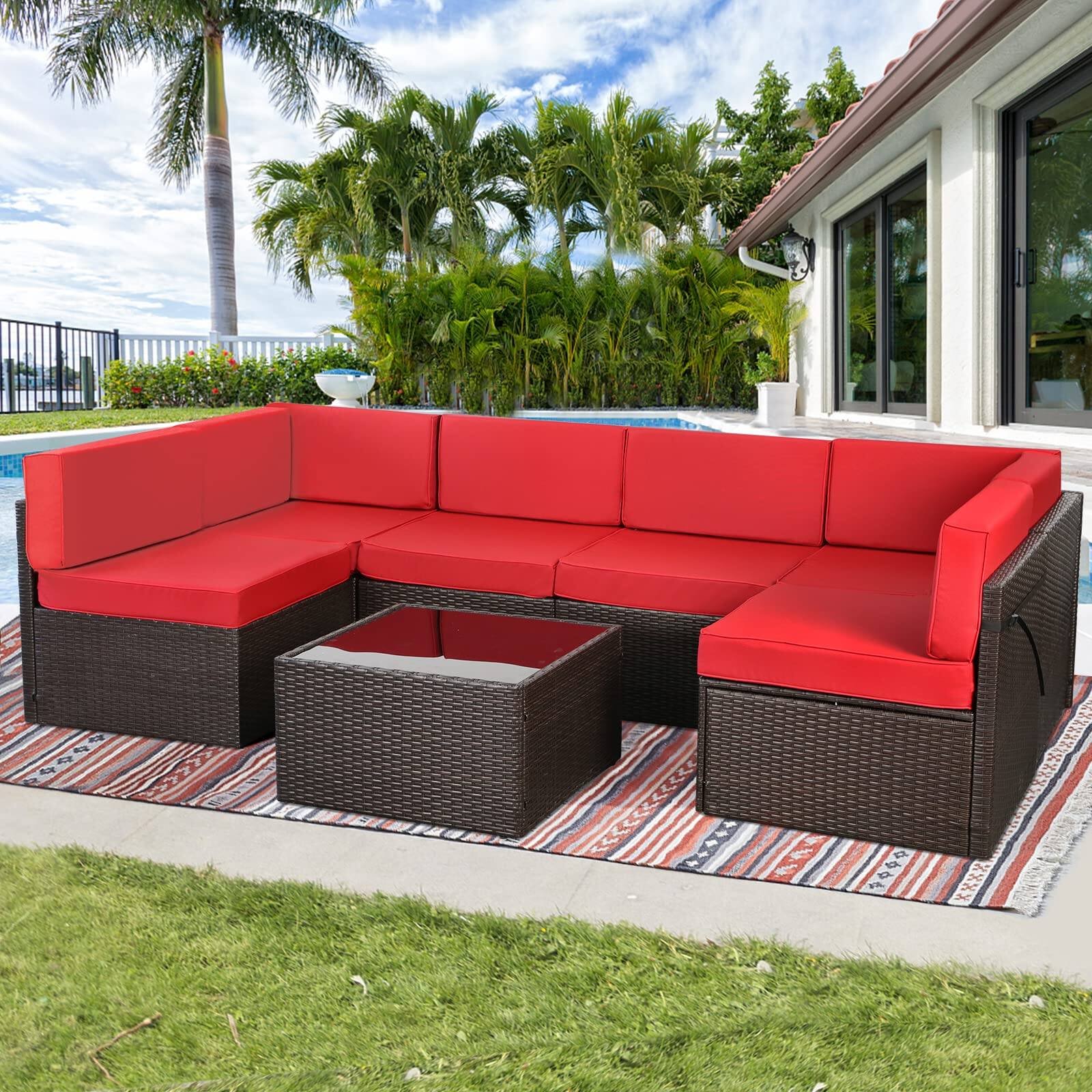 Left. Mondawe - 7-Piece Rattan Sofa Set with Polyester Cushions - Brown+Red.