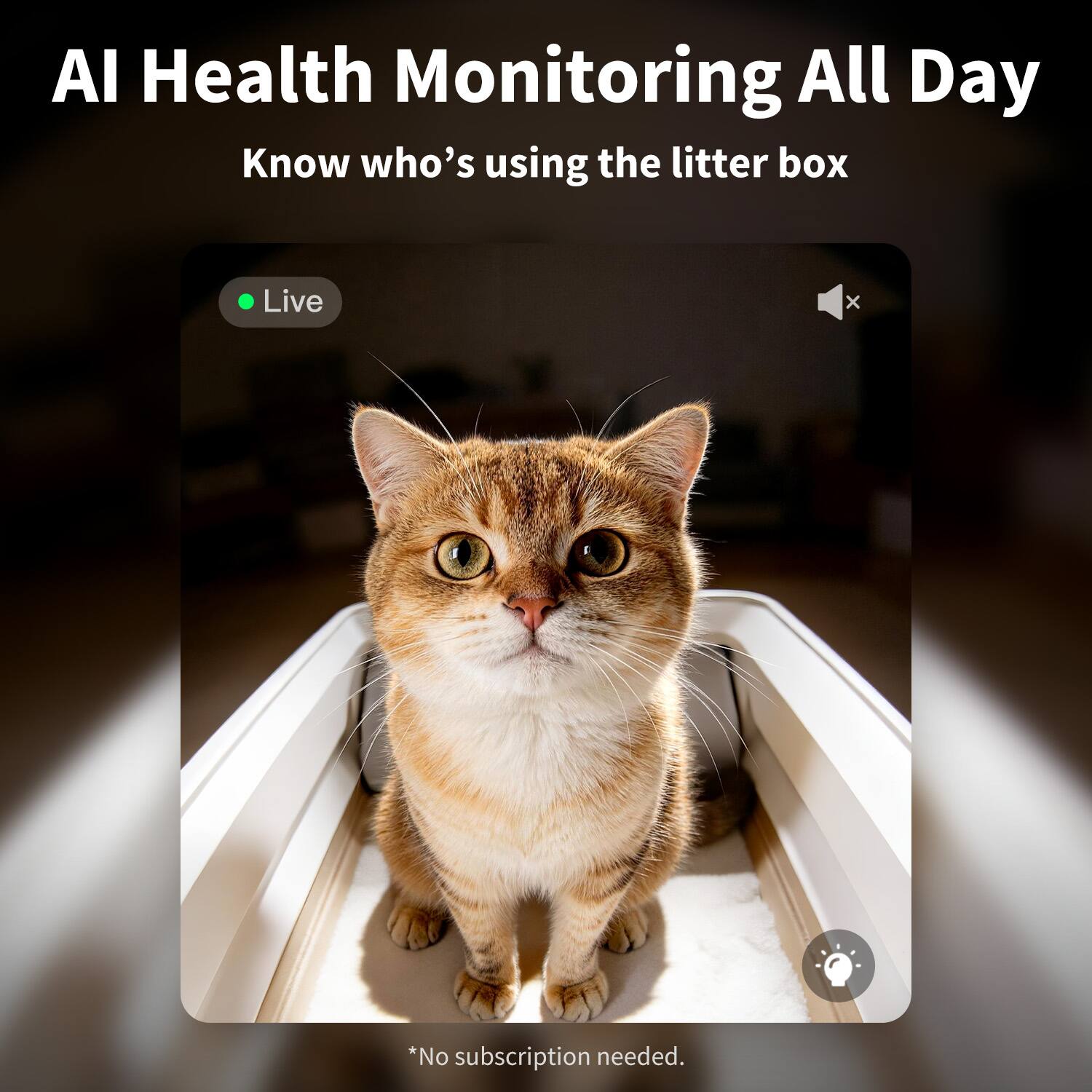 AI Health Monitoring All Day  
Know who's using the litter box  
Live  
*No subscription needed.